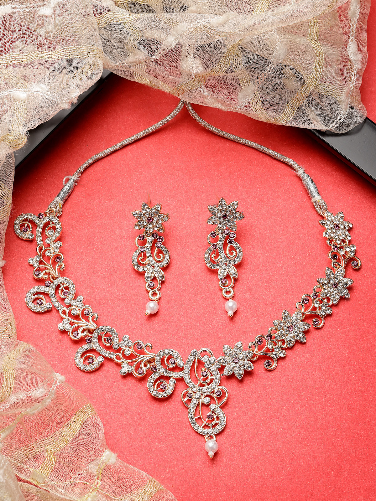 Sukkhi Beautiful Style Rose Gold Plated AD Stones Studded Rani Pink Choker Necklace Set with Dangler Earrings Jewellery Set For Women & Girls|Set of 1|NS106094