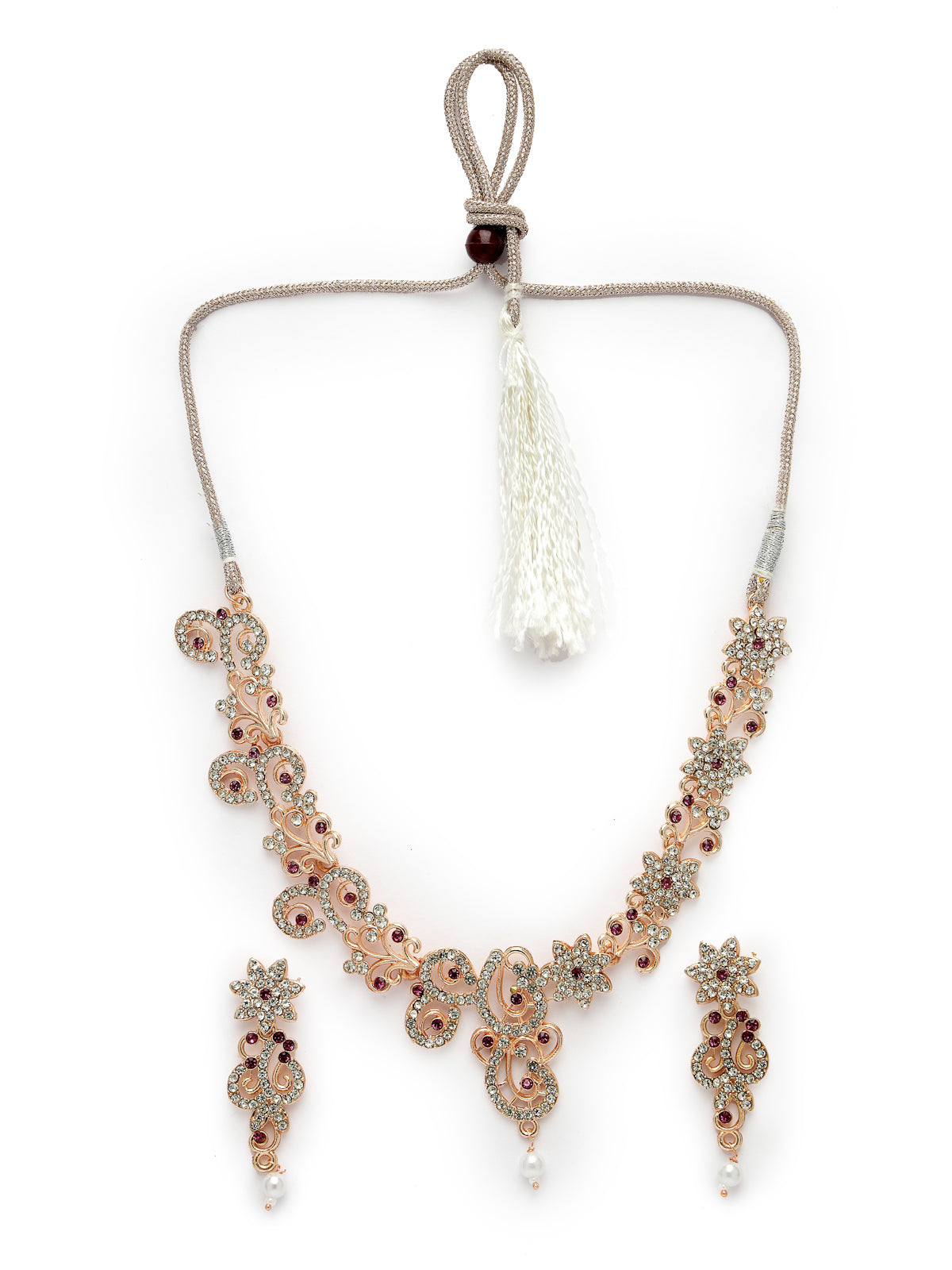 Sukkhi Beautiful Style Rose Gold Plated AD Stones Studded Rani Pink Choker Necklace Set with Dangler Earrings Jewellery Set For Women & Girls|Set of 1|NS106094