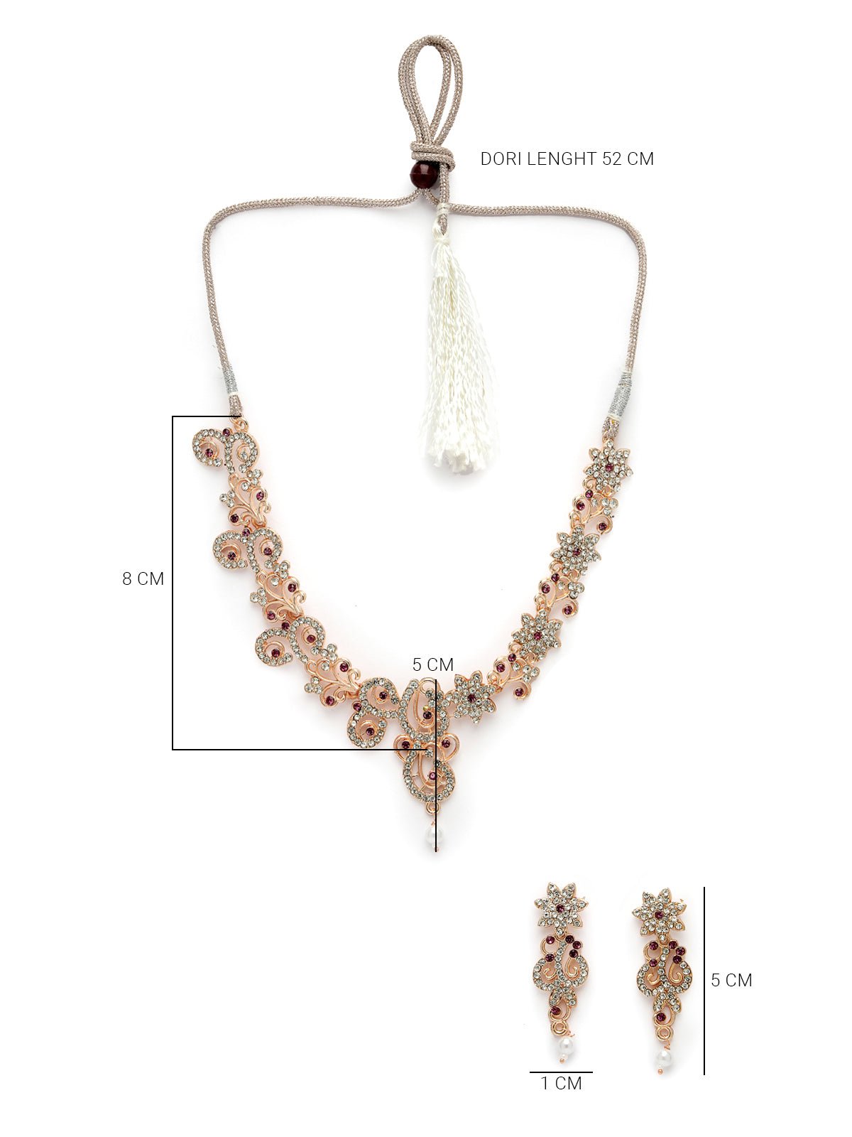 Sukkhi Beautiful Style Rose Gold Plated AD Stones Studded Rani Pink Choker Necklace Set with Dangler Earrings Jewellery Set For Women & Girls|Set of 1|NS106094