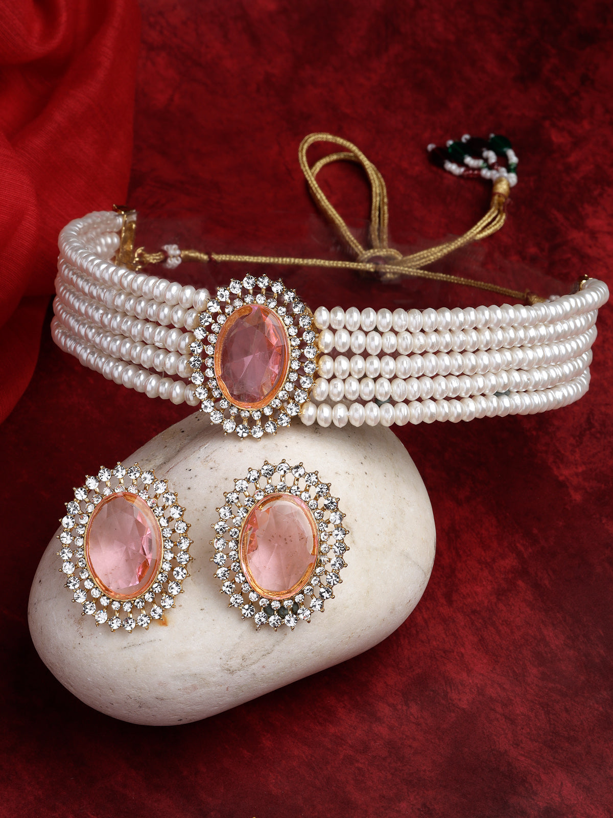 Sukkhi Eye-Catchy Gold Plated Crystal Pearl Beaded Pink Choker Necklace Set with Studs Earring Jewellery Set For Women & Girls|Set of 1|NS106095