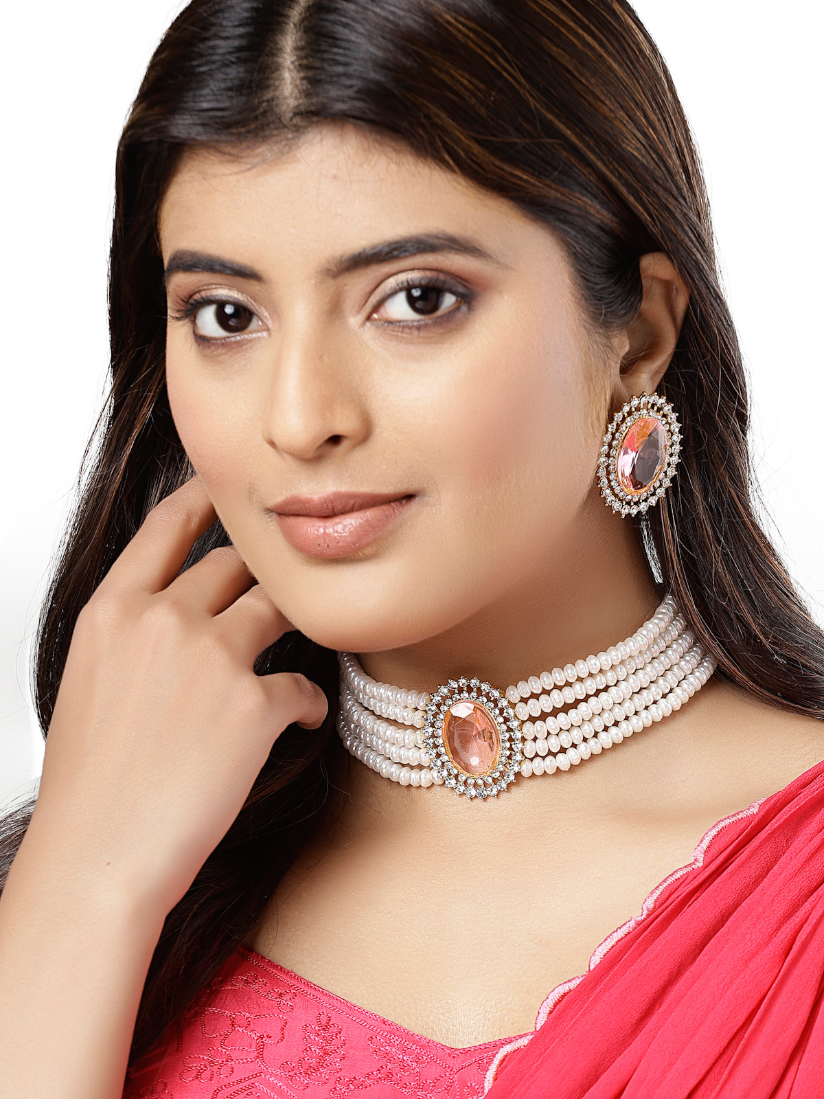 Sukkhi Eye-Catchy Gold Plated Crystal Pearl Beaded Pink Choker Necklace Set with Studs Earring Jewellery Set For Women & Girls|Set of 1|NS106095