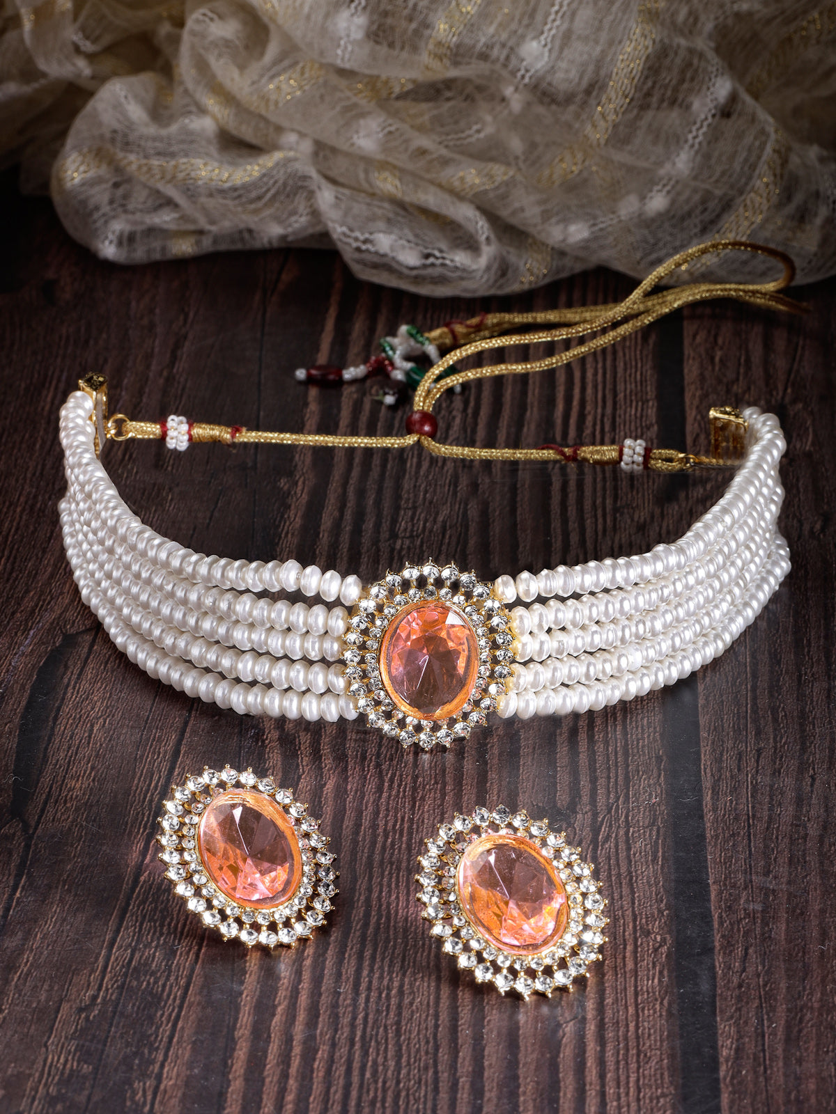 Sukkhi Eye-Catchy Gold Plated Crystal Pearl Beaded Pink Choker Necklace Set with Studs Earring Jewellery Set For Women & Girls|Set of 1|NS106095