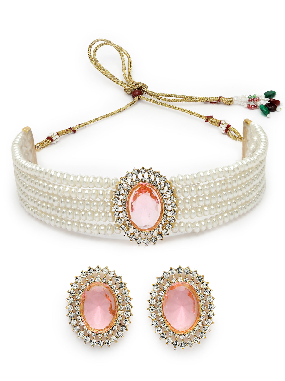 Sukkhi Eye-Catchy Gold Plated Crystal Pearl Beaded Pink Choker Necklace Set with Studs Earring Jewellery Set For Women & Girls|Set of 1|NS106095