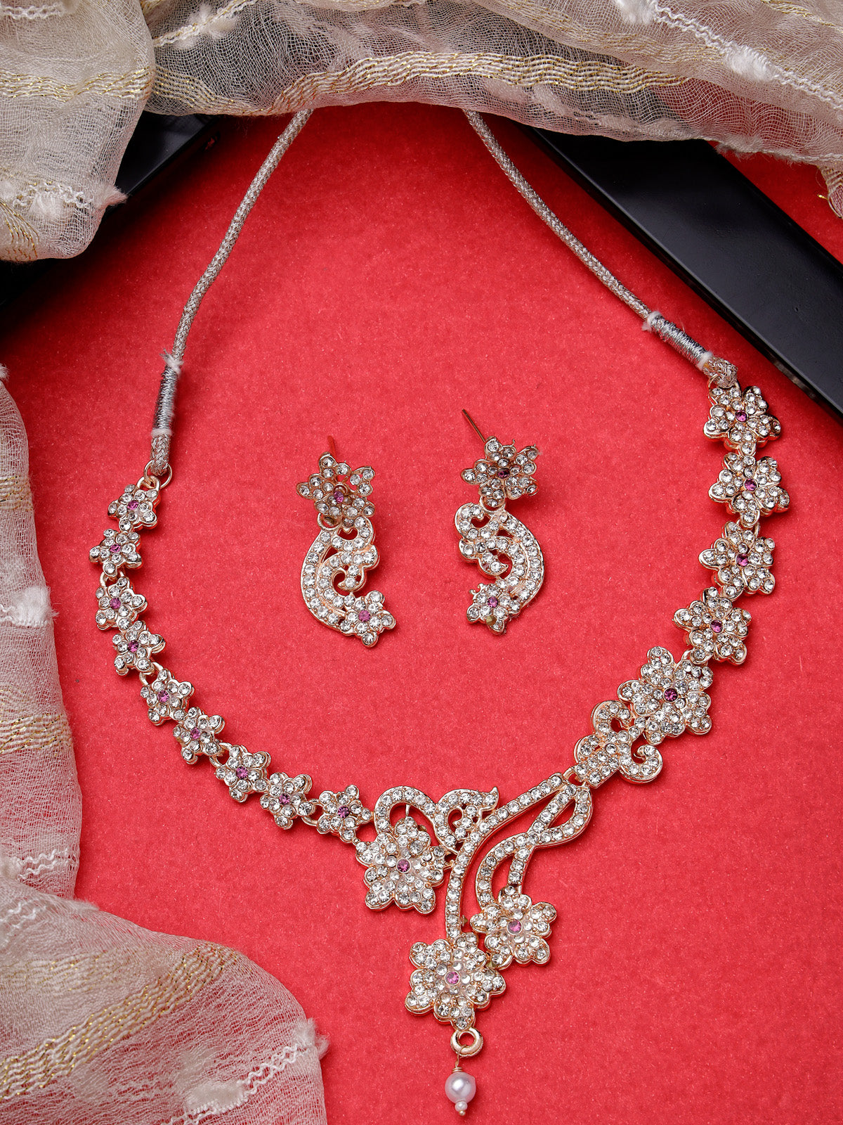 Sukkhi Stylish Rose Gold Plated AD Stones Studded Rani Pink Choker Necklace Set with Dangler Earrings Jewellery Set For Women & Girls|Set of 1|NS106096