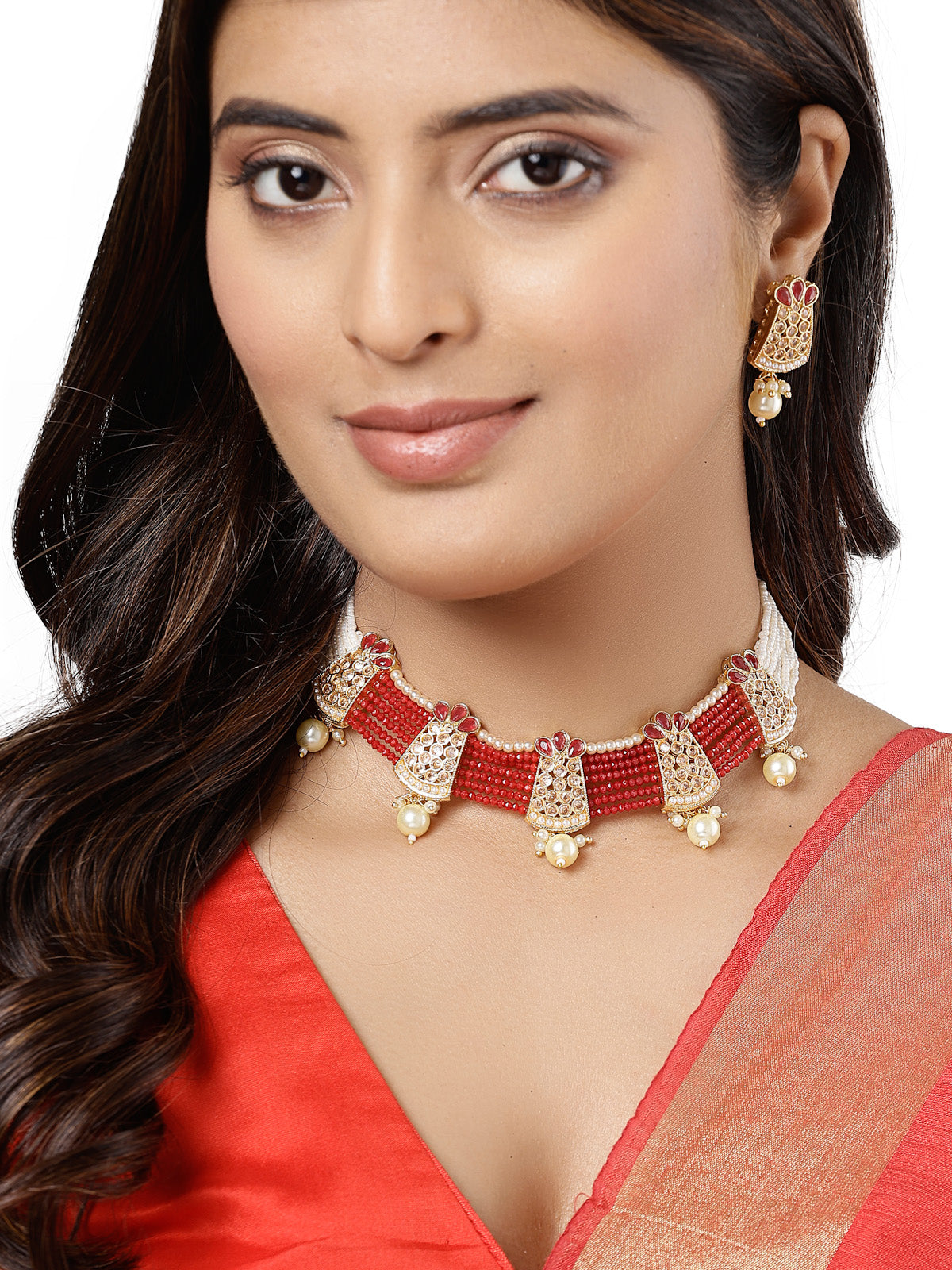 Sukkhi Bewitching Gold Plated Multistrand Red & White Choker Necklace Set With Drop Earrings Jewellery Set For Women & Girls|Set of 1NS106097