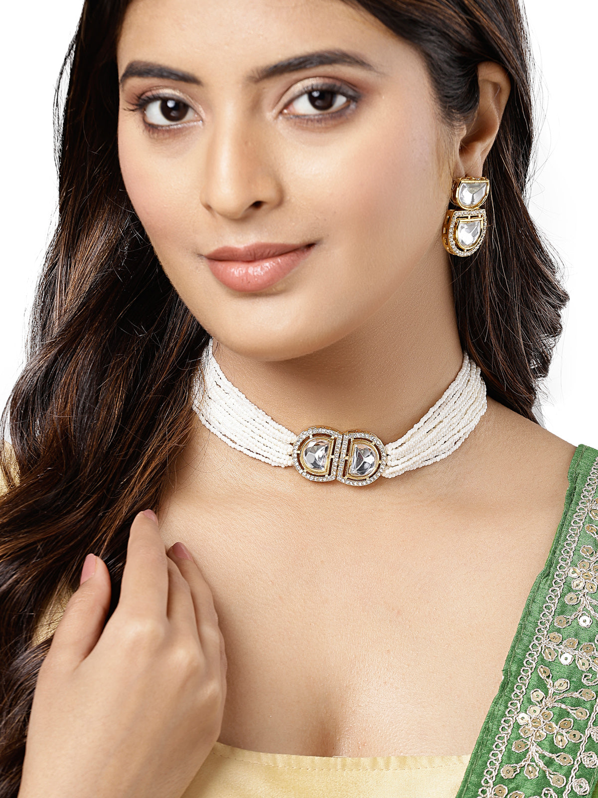 Sukkhi Modern Gold Plated Multistrand Pearls & Crystals Stone White Choker Necklace Set with Dangler Earrings Jewellery Set For Women & Girls|Set of 1|NS106099