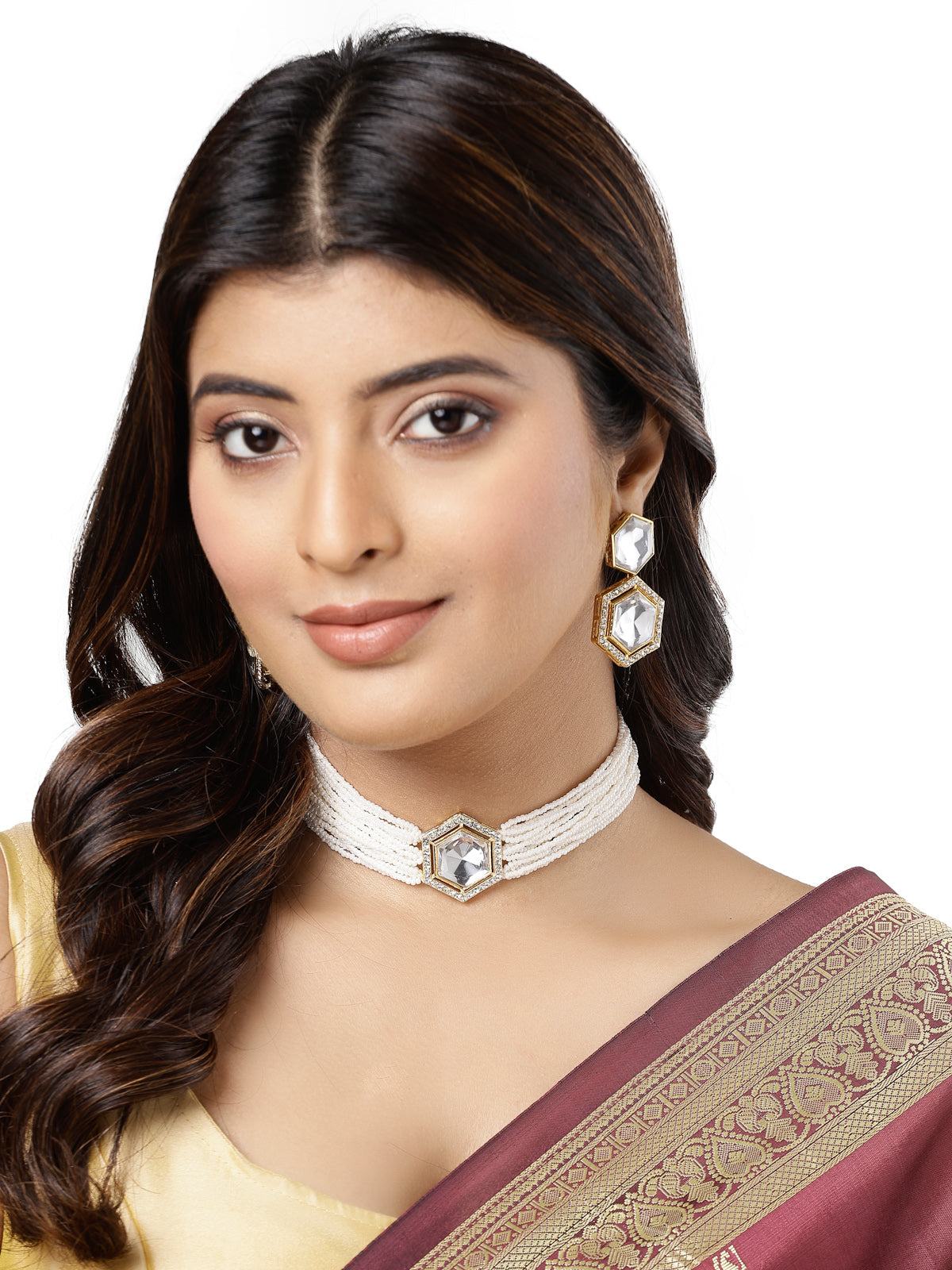 Sukkhi Ornamental Gold Plated Multistrand Pearls & Crystals Stones Studded White Choker Necklace Set with Dangler Earrings Jewellery Set For Women & Girls|Set of 1|NS106100