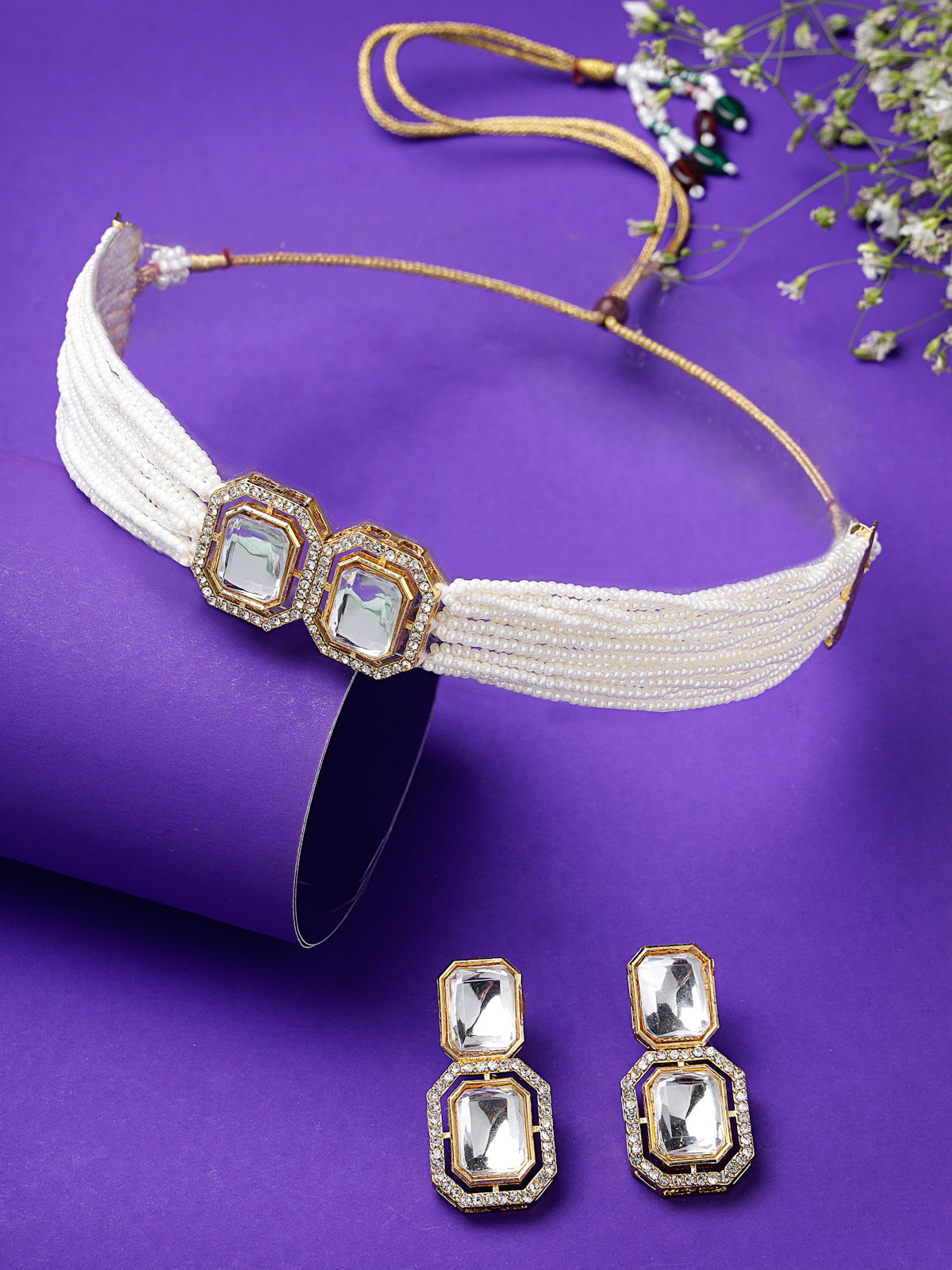Sukkhi All-Season Gold Plated Multistrand Pearls & Square Crystal Stones Studded White Choker Necklace Set with Dangler Earrings Jewellery Set For Women & Girls|Set of 1|NS106102