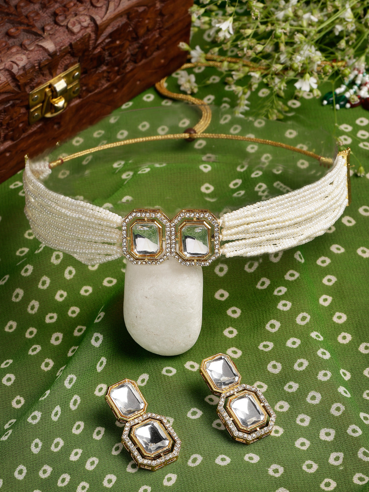 Sukkhi All-Season Gold Plated Multistrand Pearls & Square Crystal Stones Studded White Choker Necklace Set with Dangler Earrings Jewellery Set For Women & Girls|Set of 1|NS106102
