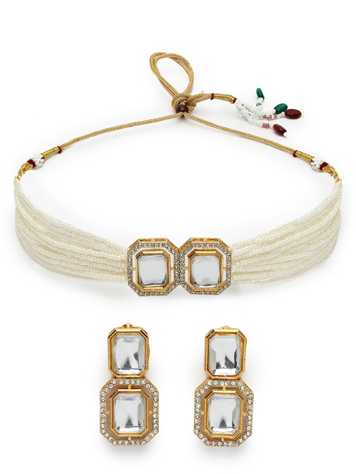 Sukkhi All-Season Gold Plated Multistrand Pearls & Square Crystal Stones Studded White Choker Necklace Set with Dangler Earrings Jewellery Set For Women & Girls|Set of 1|NS106102