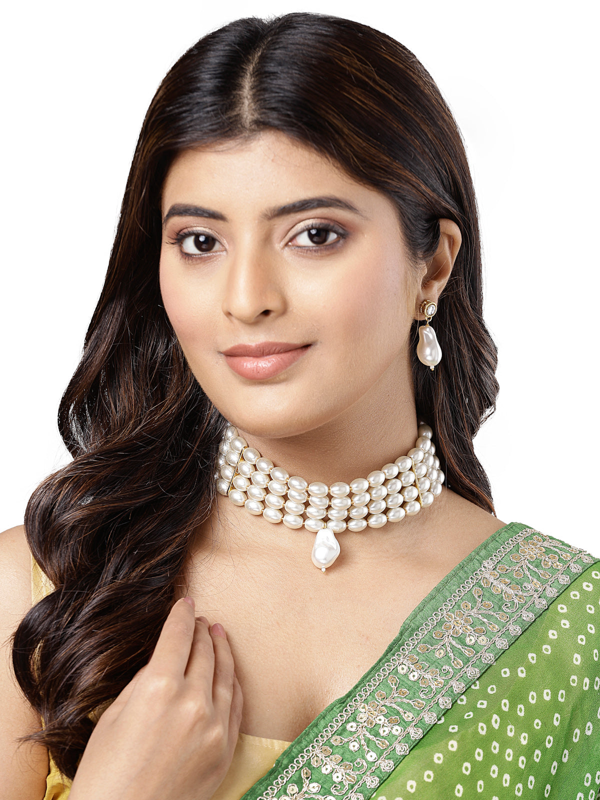 Sukkhi Trendy Gold Plated Pearl Beaded White Choker Necklace Set with Drop Earrings Jewellery Set For Women & Girls|Set of 1|NS106105