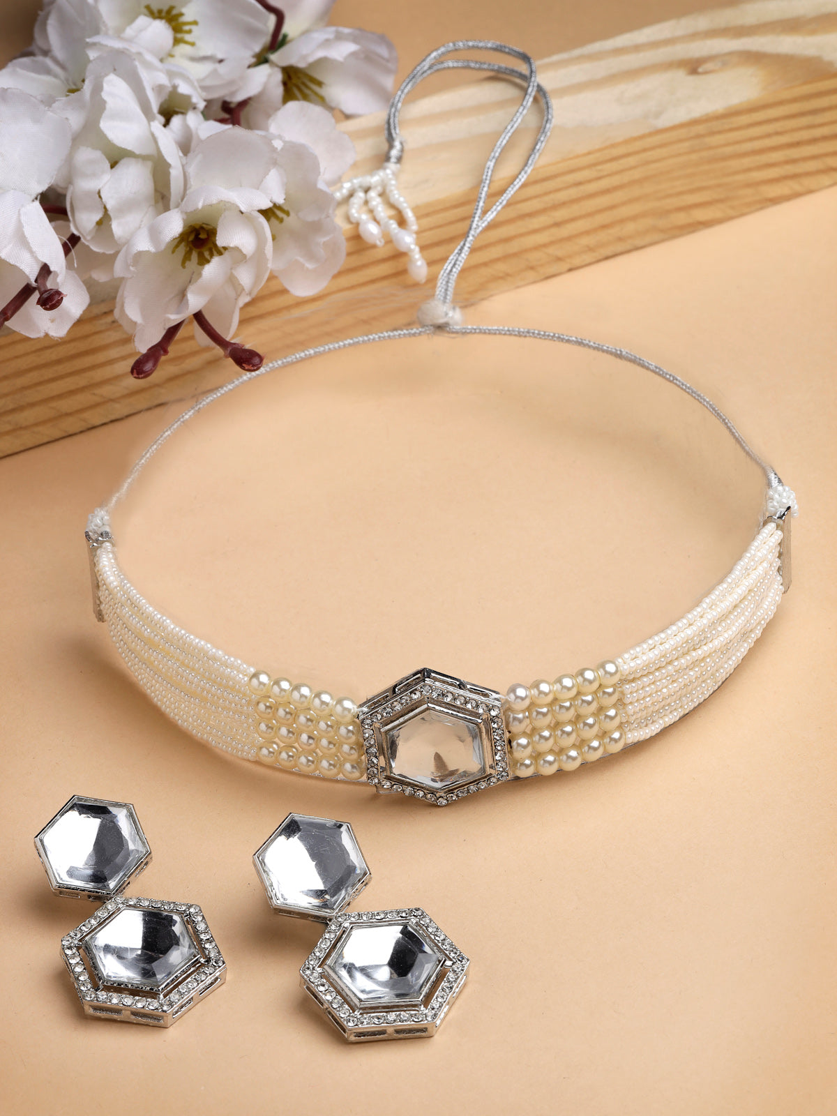 Sukkhi Adorable Multi String Pearls with Crystals Stones Studded Hexagon Shaped Choker Necklace Set & Dangler Earring Jewellery Set For Women & Girls|Set of 1|NS106106
