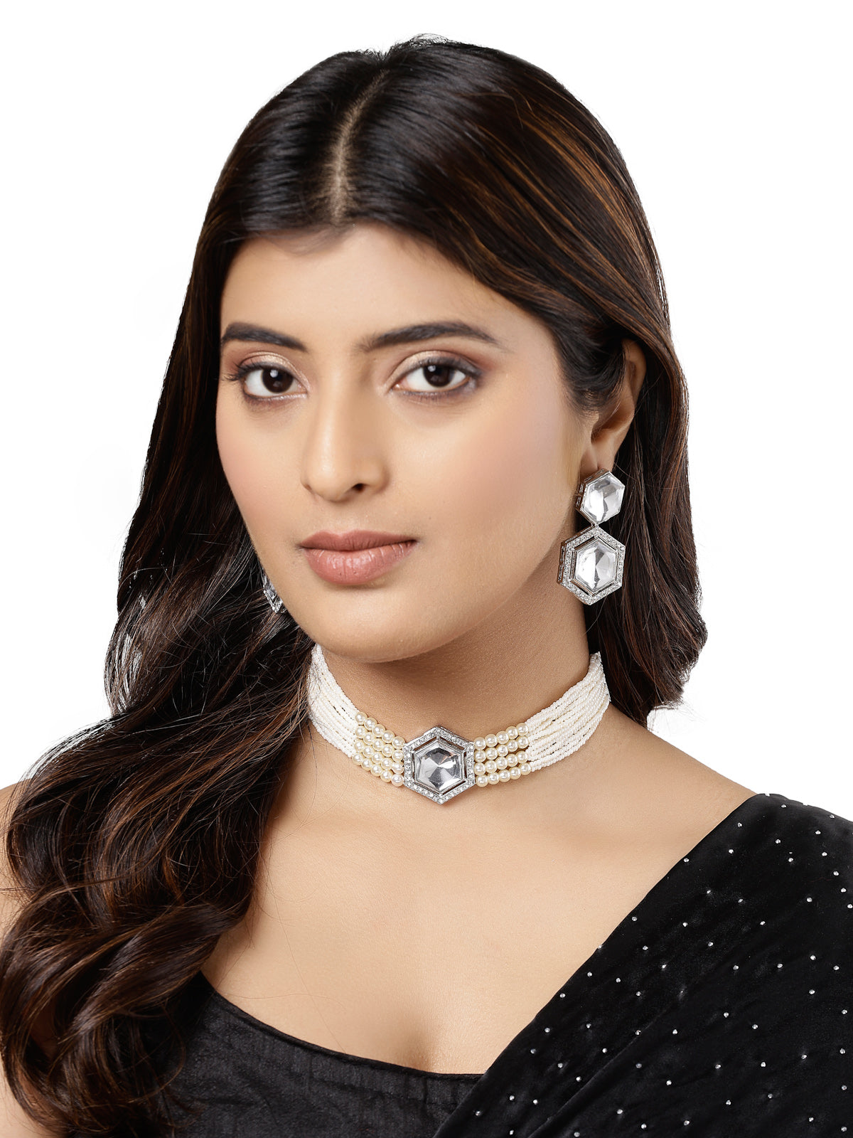 Sukkhi Adorable Multi String Pearls with Crystals Stones Studded Hexagon Shaped Choker Necklace Set & Dangler Earring Jewellery Set For Women & Girls|Set of 1|NS106106