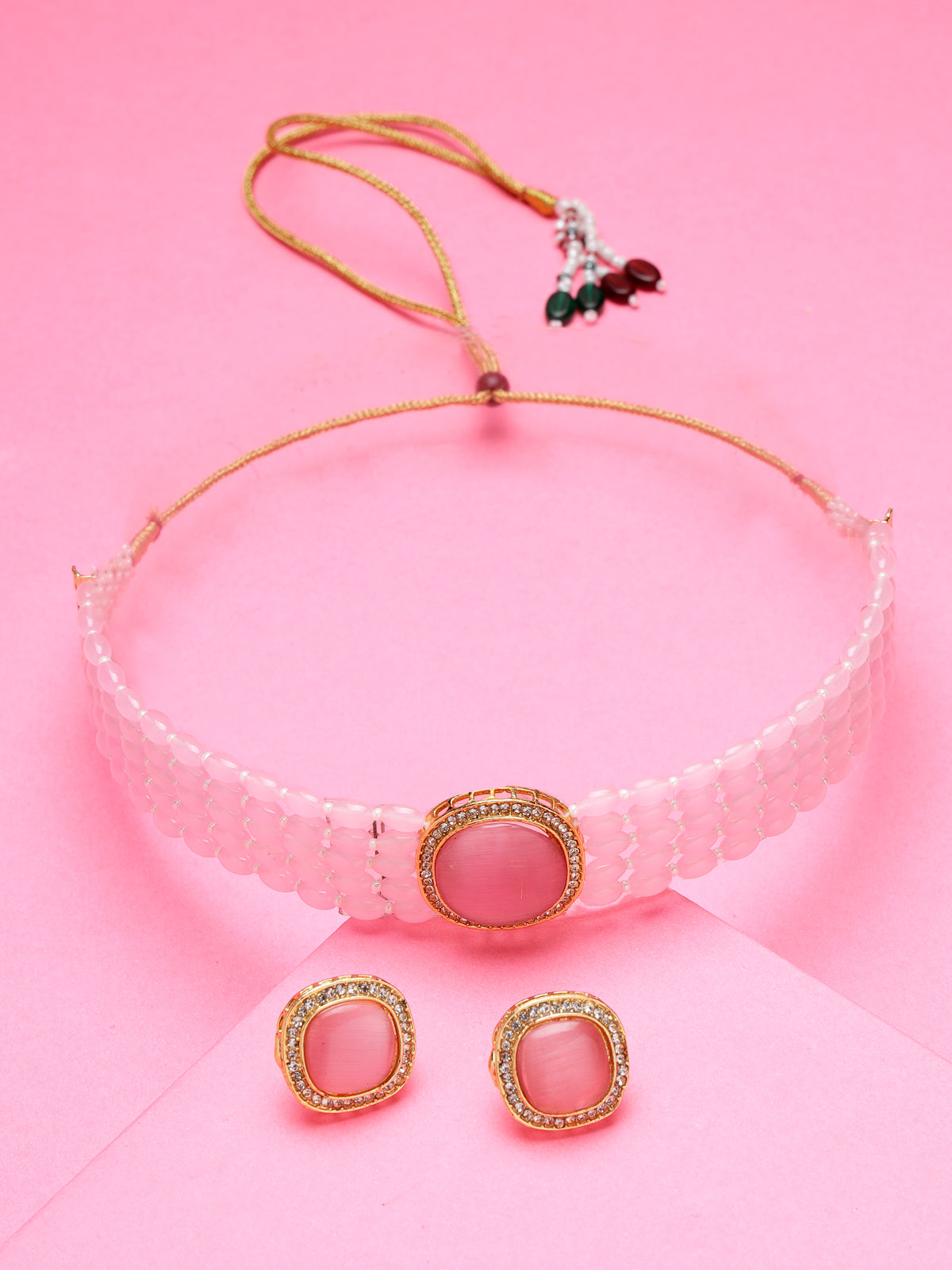 Sukkhi Pink Charming Gold Plated Crystal Pearl Beaded Multi Layer Choker Necklace Set with Studs Earring Jewellery Set For Women & Girls|Set of 1|NS106107