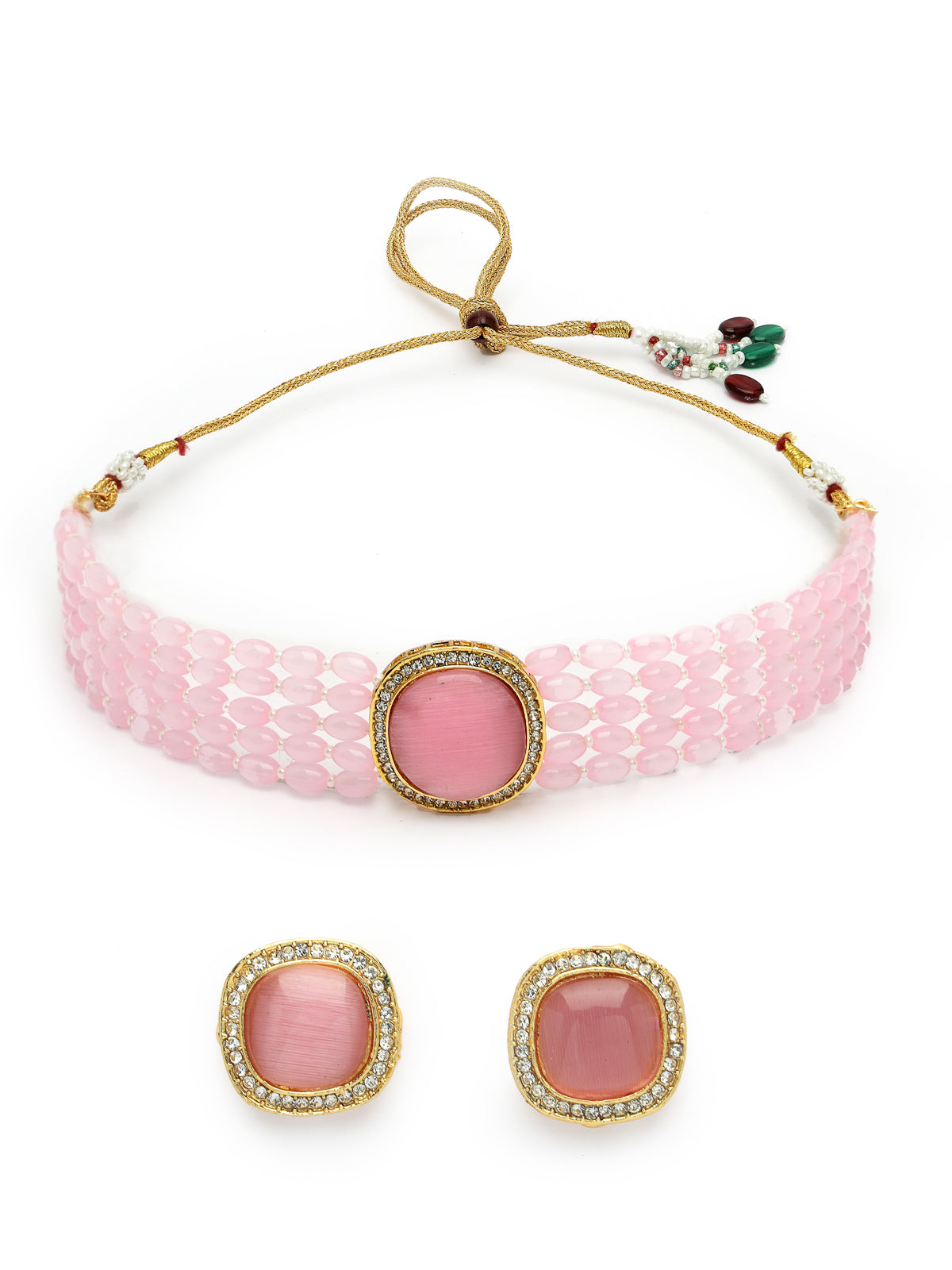 Sukkhi Pink Charming Gold Plated Crystal Pearl Beaded Multi Layer Choker Necklace Set with Studs Earring Jewellery Set For Women & Girls|Set of 1|NS106107