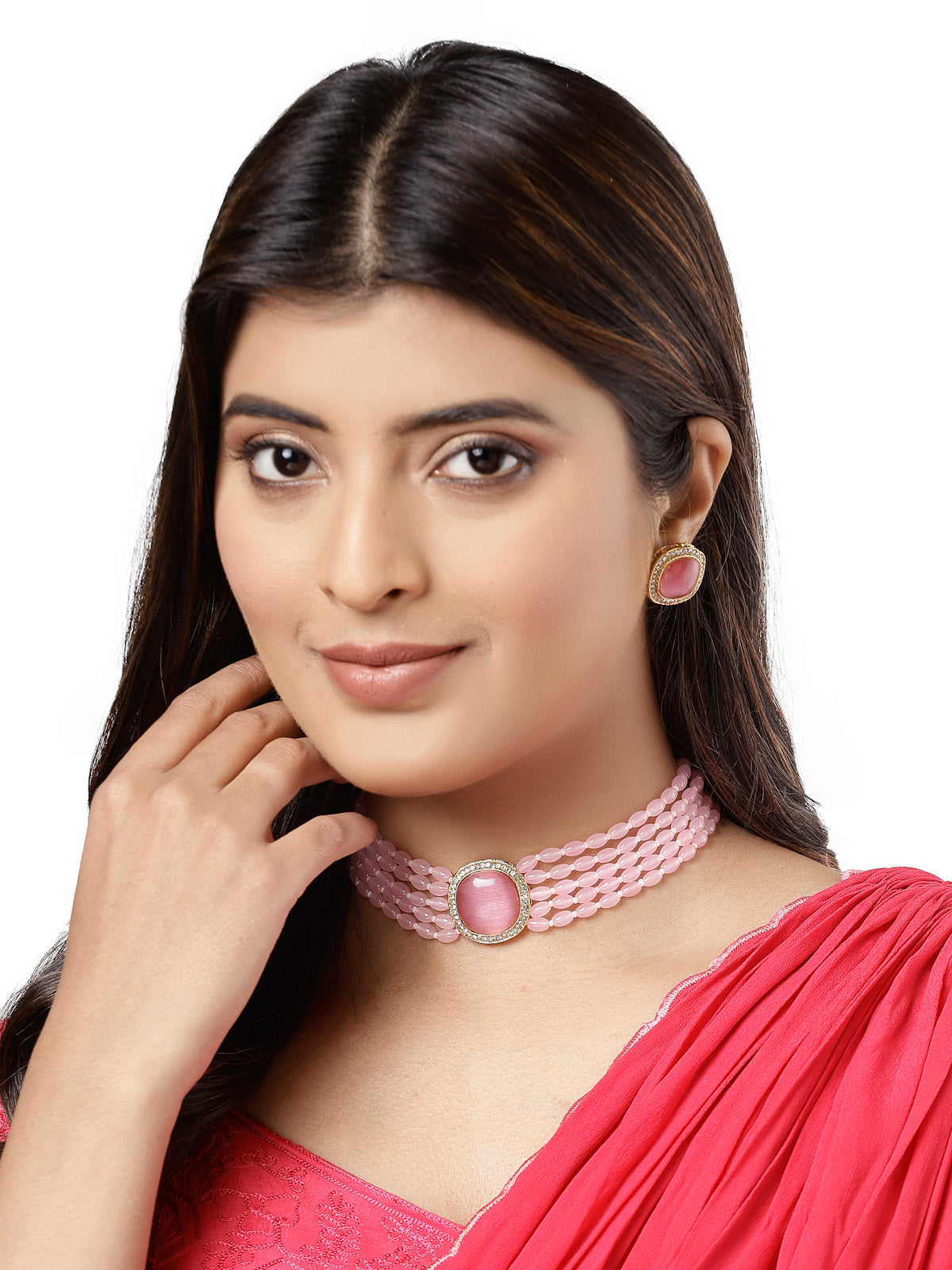 Sukkhi Pink Charming Gold Plated Crystal Pearl Beaded Multi Layer Choker Necklace Set with Studs Earring Jewellery Set For Women & Girls|Set of 1|NS106107