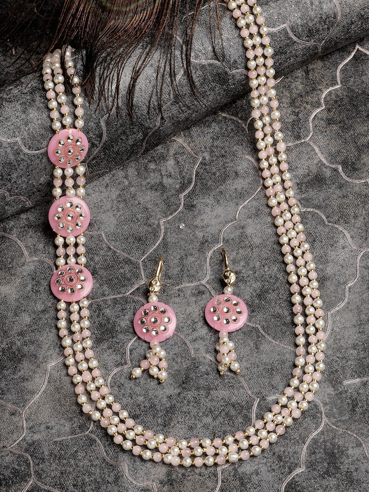 Sukkhi Most Beautiful Pinkcolor Gold Plated Multilayared Pearls Long Necklace Set & Dangler Earrings For Women & Girls|Set of 1|NS106108
