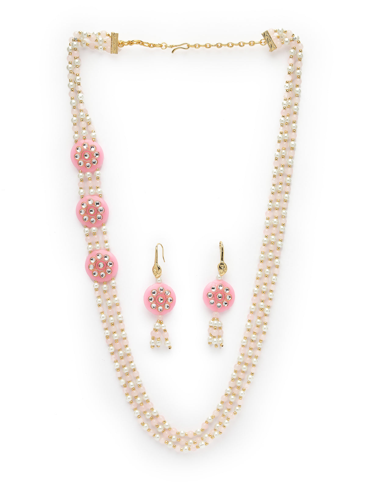 Sukkhi Most Beautiful Pinkcolor Gold Plated Multilayared Pearls Long Necklace Set & Dangler Earrings For Women & Girls|Set of 1|NS106108