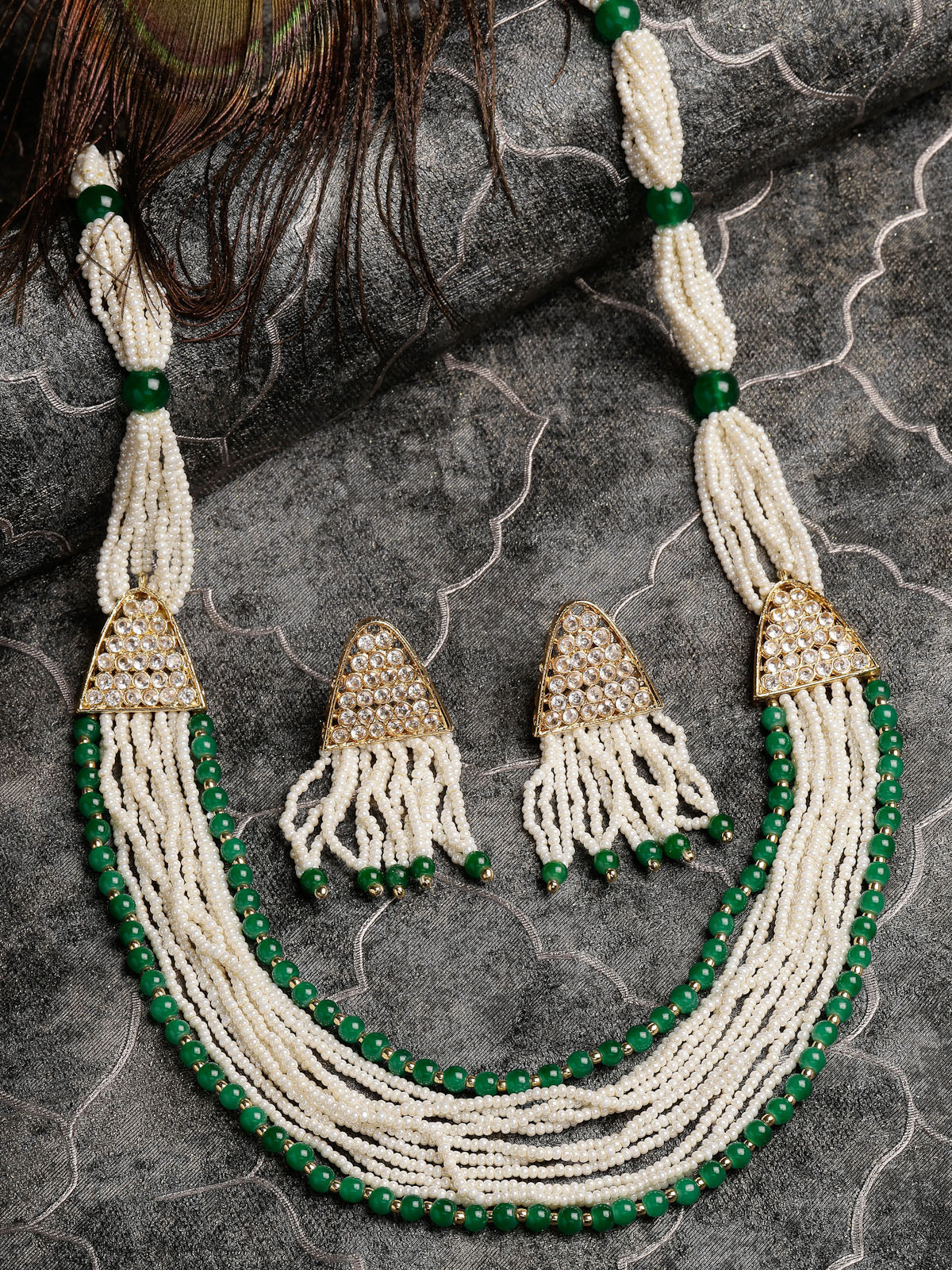 Sukkhi Stylish Gold Plated White Green Pearls with Multi Layers with Multistring Long Necklace Set & Dangler Earrings Jewellery Set For Women & Girls|Set of 1|NS106109