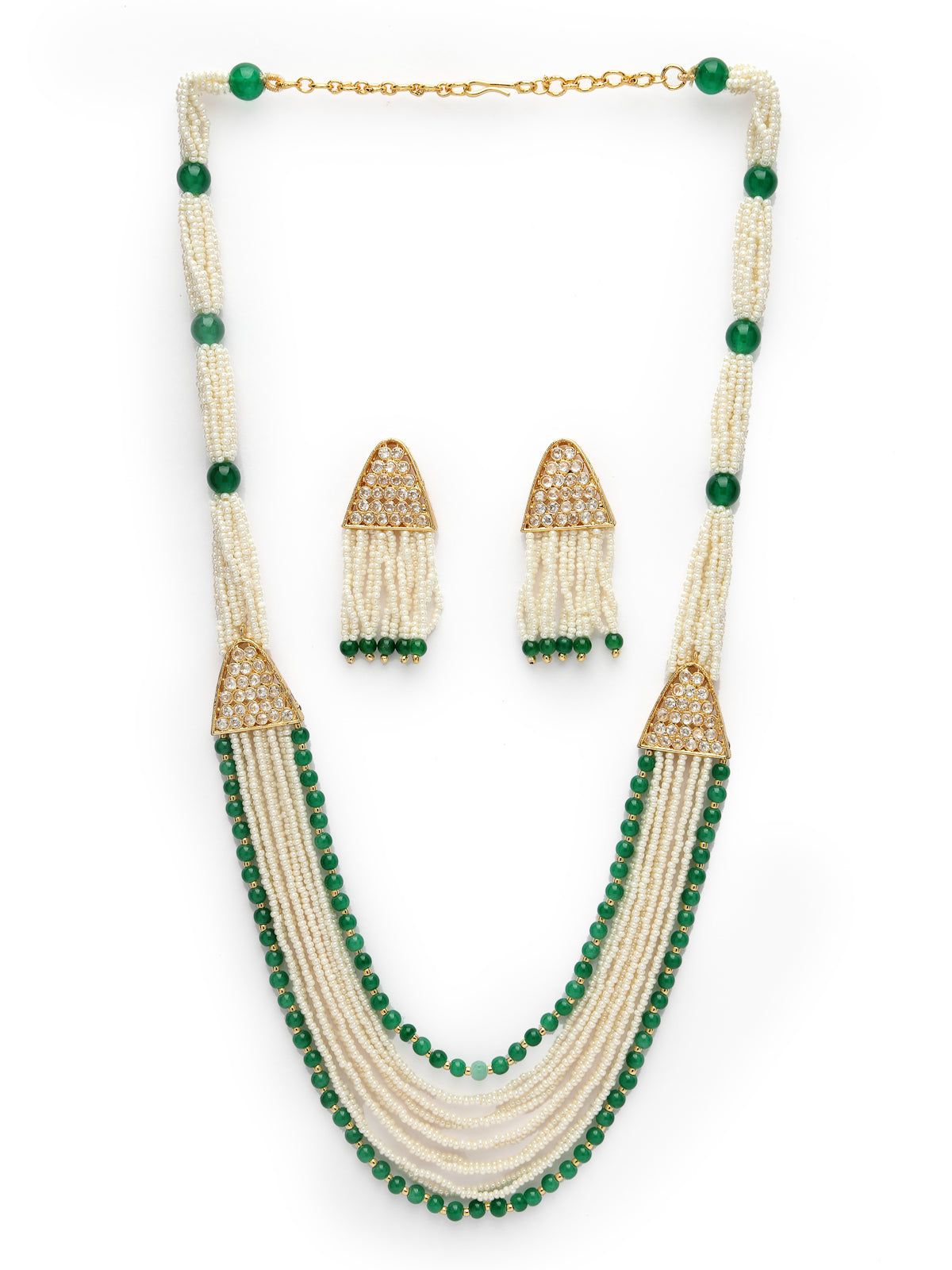 Sukkhi Stylish Gold Plated White Green Pearls with Multi Layers with Multistring Long Necklace Set & Dangler Earrings Jewellery Set For Women & Girls|Set of 1|NS106109
