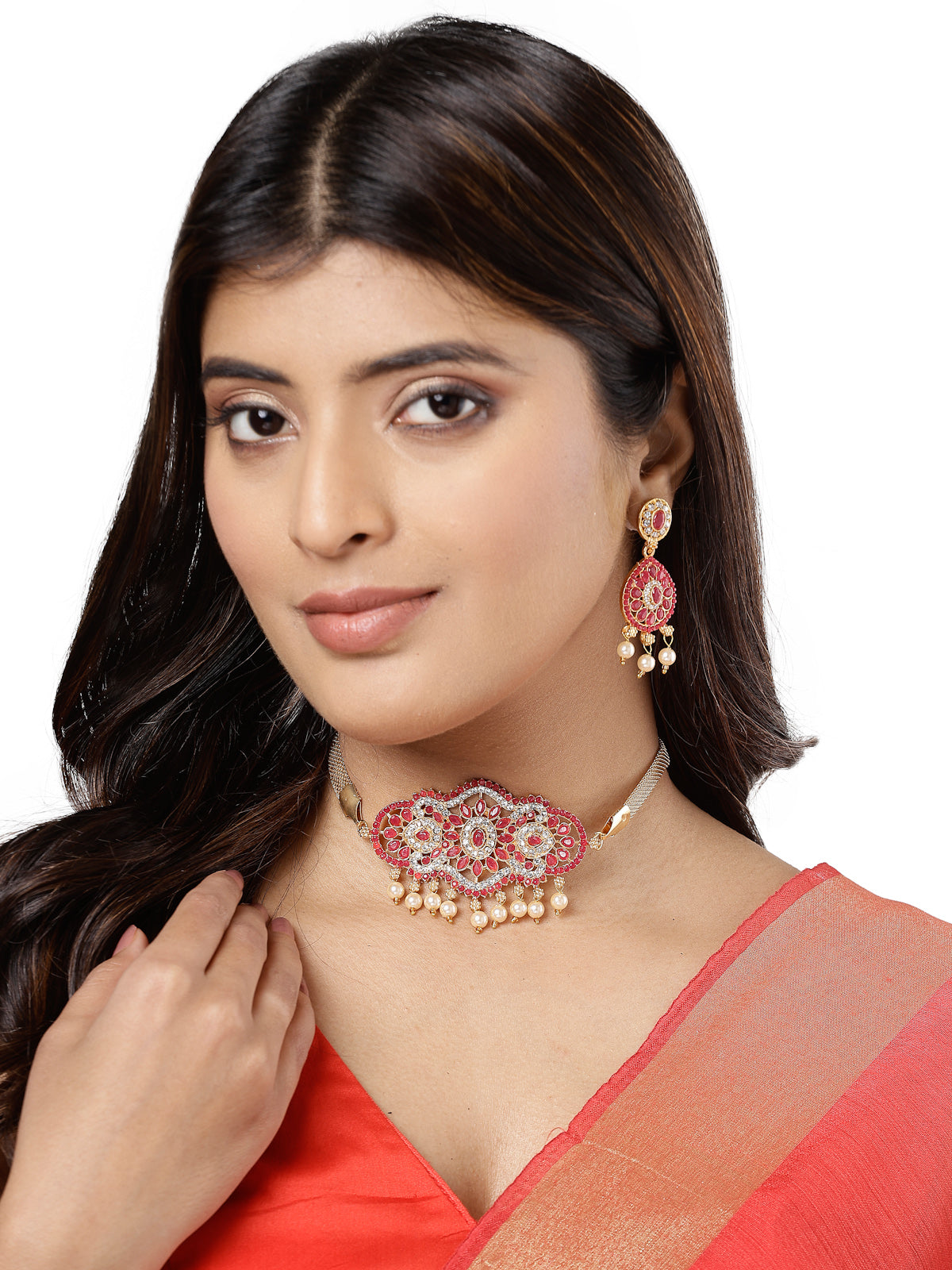 Sukkhi Classical Gold Plated Red AD Stones Studded Choker Necklace Set With Dangler Earring Jewellery Set For Women & Girls|Set of 1|NS106111