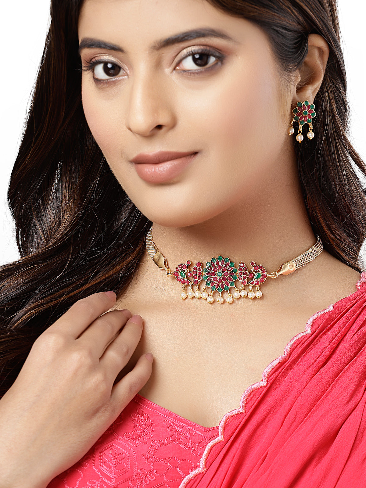 Sukkhi Beautiful Floral Gold Plated Red Green AD Stones Studded Choker Necklace Set With Studs Earring Jewellery Set for Women & Girls|Set of 1|NS106112