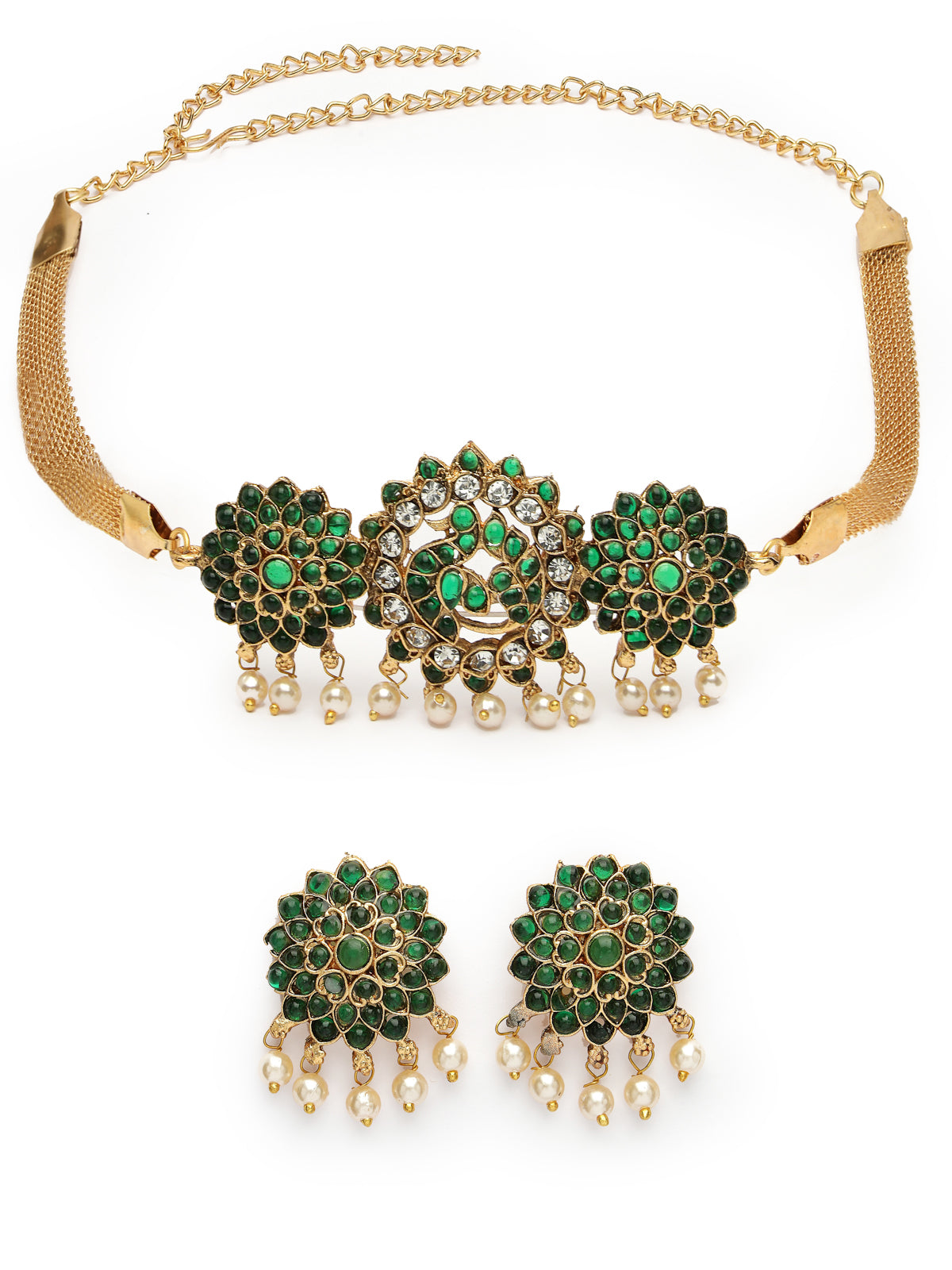 Sukkhi Beautiful Floral Green Gold Plated AD Stones Studded Choker Necklace Set With Studs Earring Jewellery Set For Women & Girls|Set of 1|NS106113