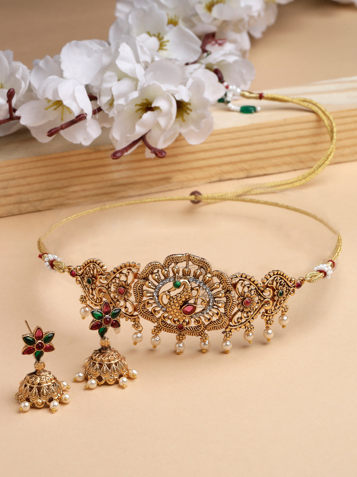 Sukkhi Unique Peacock Style Gold Plated Red Green AD Stones Studded Choker Necklace Set With Jhumki/Jhumka Earring Jewellery Set For Women & Girls|Set of 1|NS106114