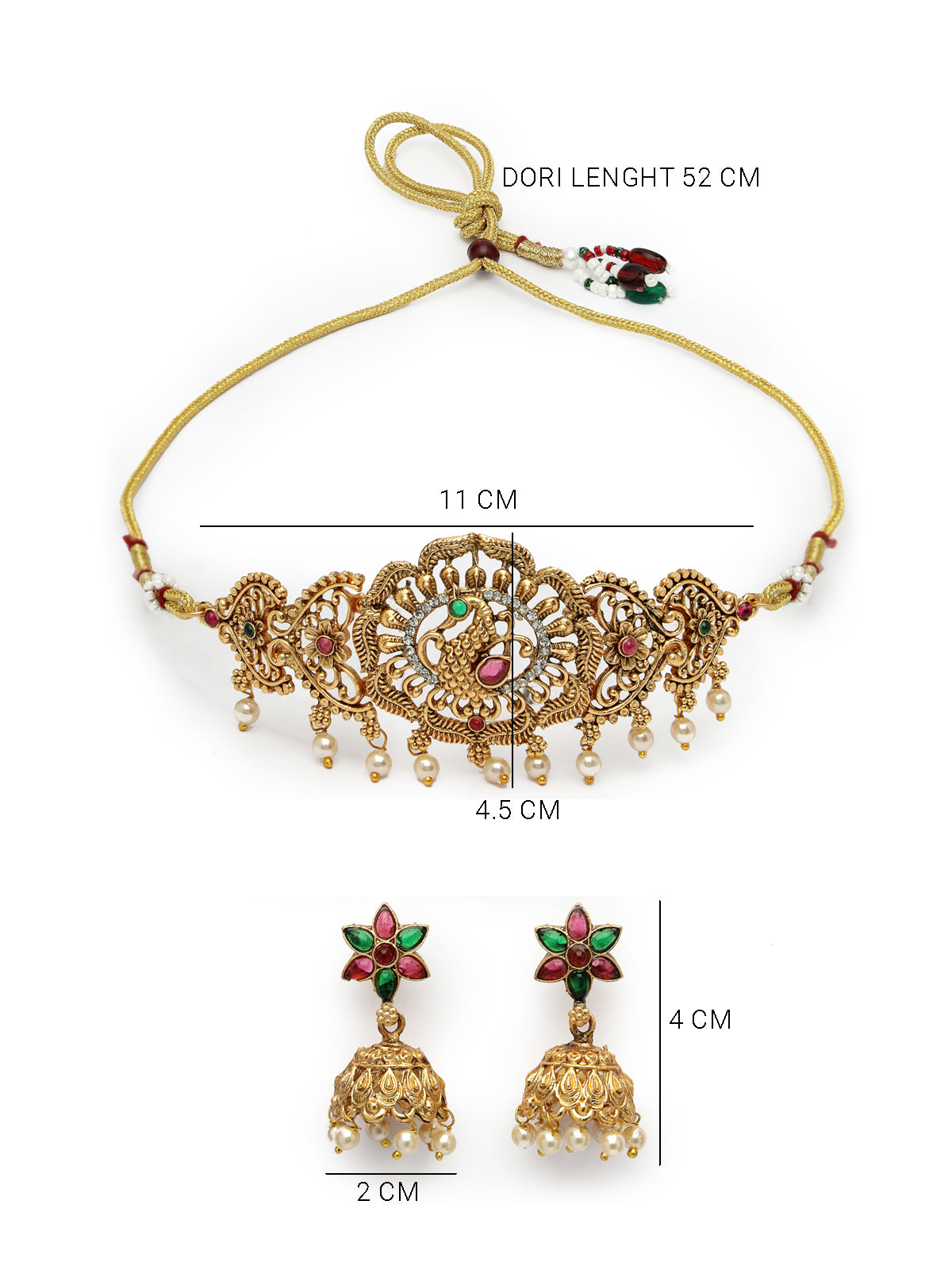 Sukkhi Unique Peacock Style Gold Plated Red Green AD Stones Studded Choker Necklace Set With Jhumki/Jhumka Earring Jewellery Set For Women & Girls|Set of 1|NS106114