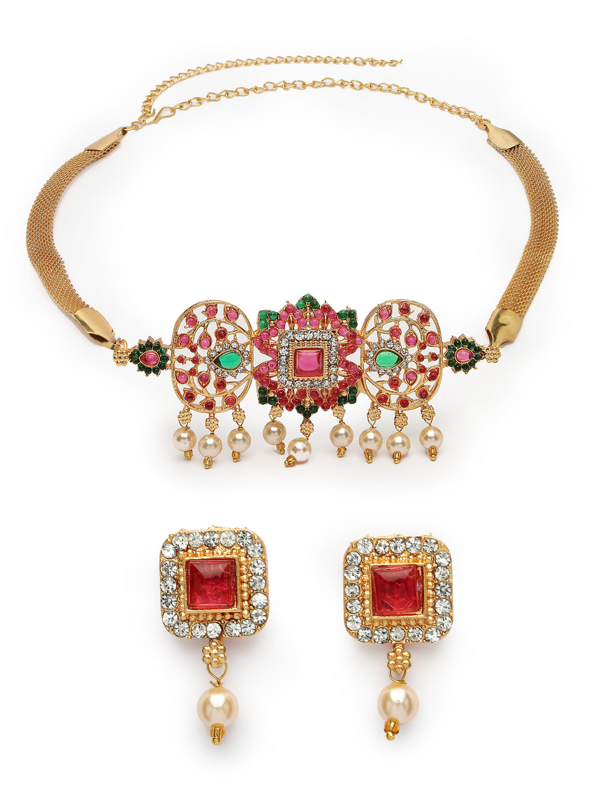 Sukkhi Traditional Gold Plated Red Green AD Stones Studded Choker Necklace Set With Studs Earring Jewellery Set For Women & Girls|Set of 1|NS106115