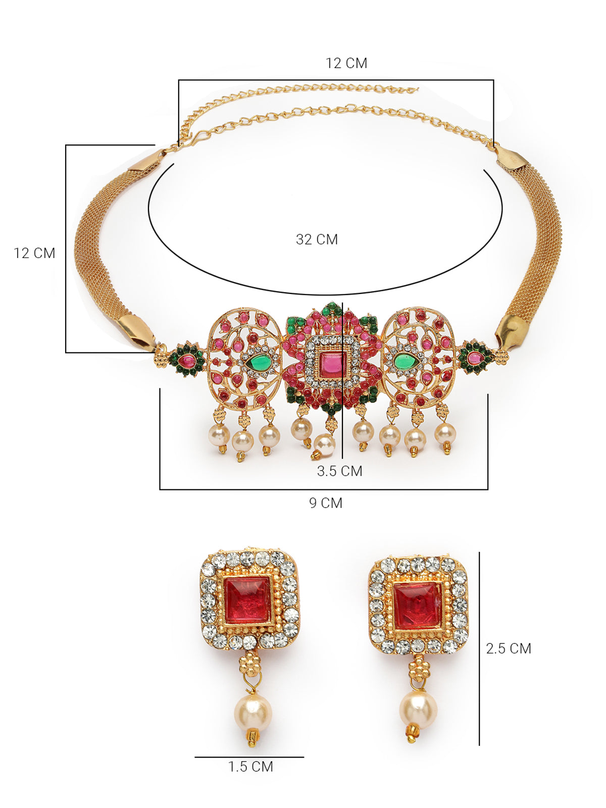 Sukkhi Traditional Gold Plated Red Green AD Stones Studded Choker Necklace Set With Studs Earring Jewellery Set For Women & Girls|Set of 1|NS106115