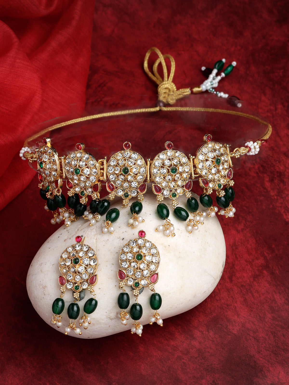 Sukkhi Graceful Gold Plated AD Stones Studded Green Round Choker Necklace Set With Dangler Earring Jewellery Set For Women & Girls|Set of 1|NS106116