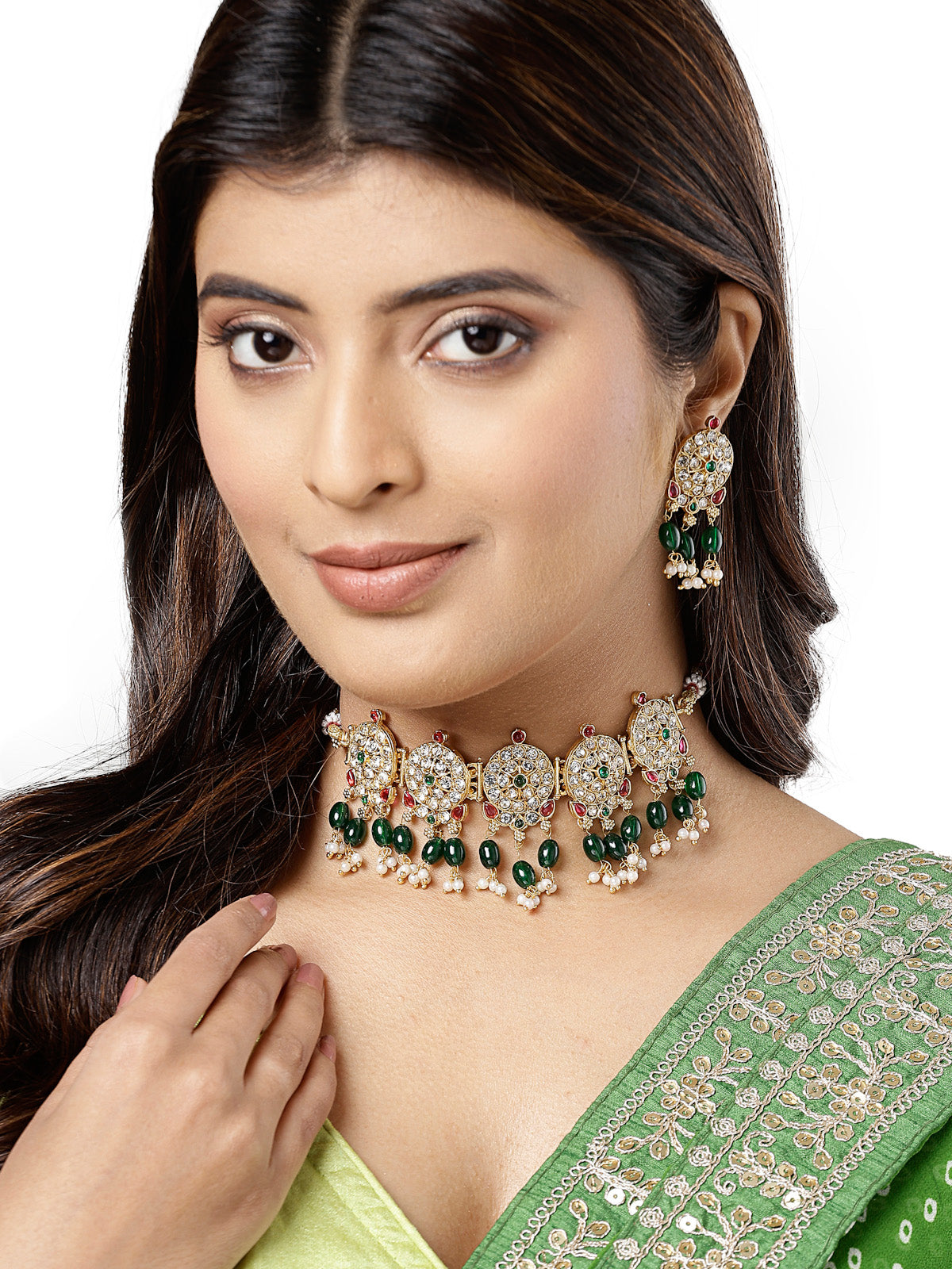 Sukkhi Graceful Gold Plated AD Stones Studded Green Round Choker Necklace Set With Dangler Earring Jewellery Set For Women & Girls|Set of 1|NS106116
