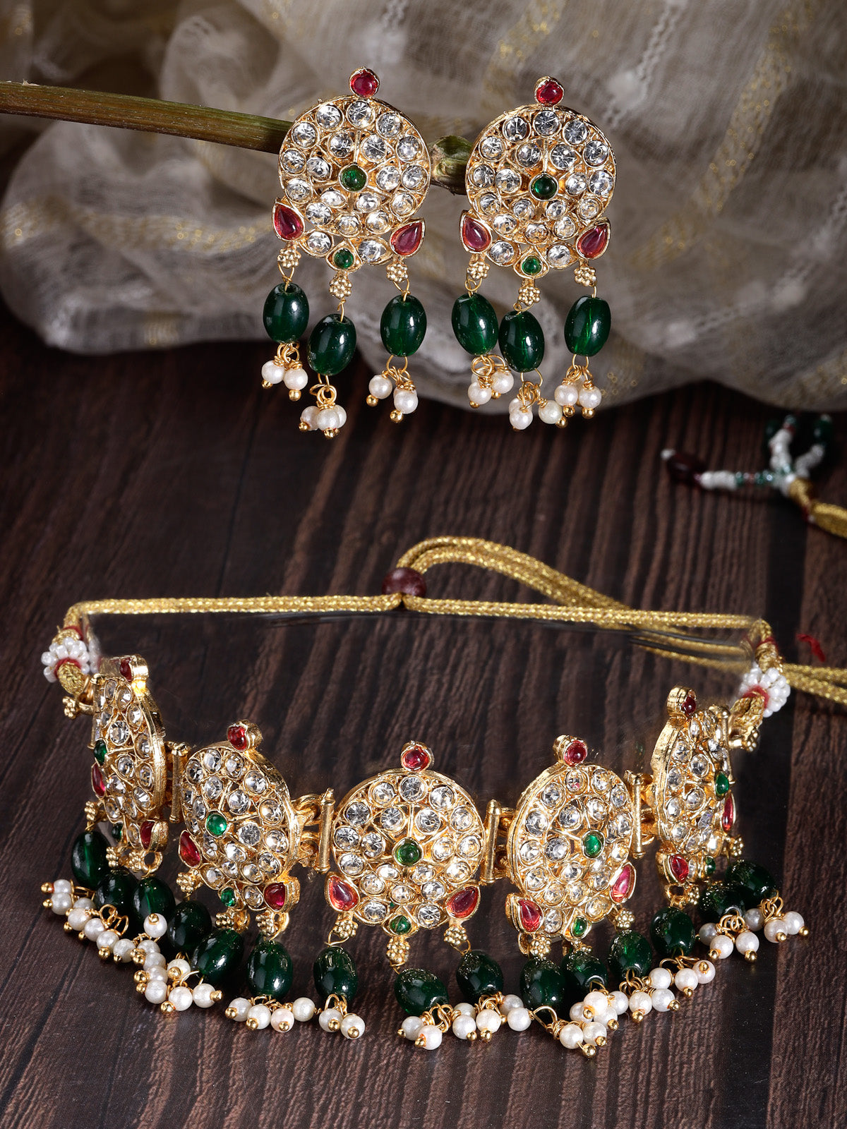 Sukkhi Graceful Gold Plated AD Stones Studded Green Round Choker Necklace Set With Dangler Earring Jewellery Set For Women & Girls|Set of 1|NS106116