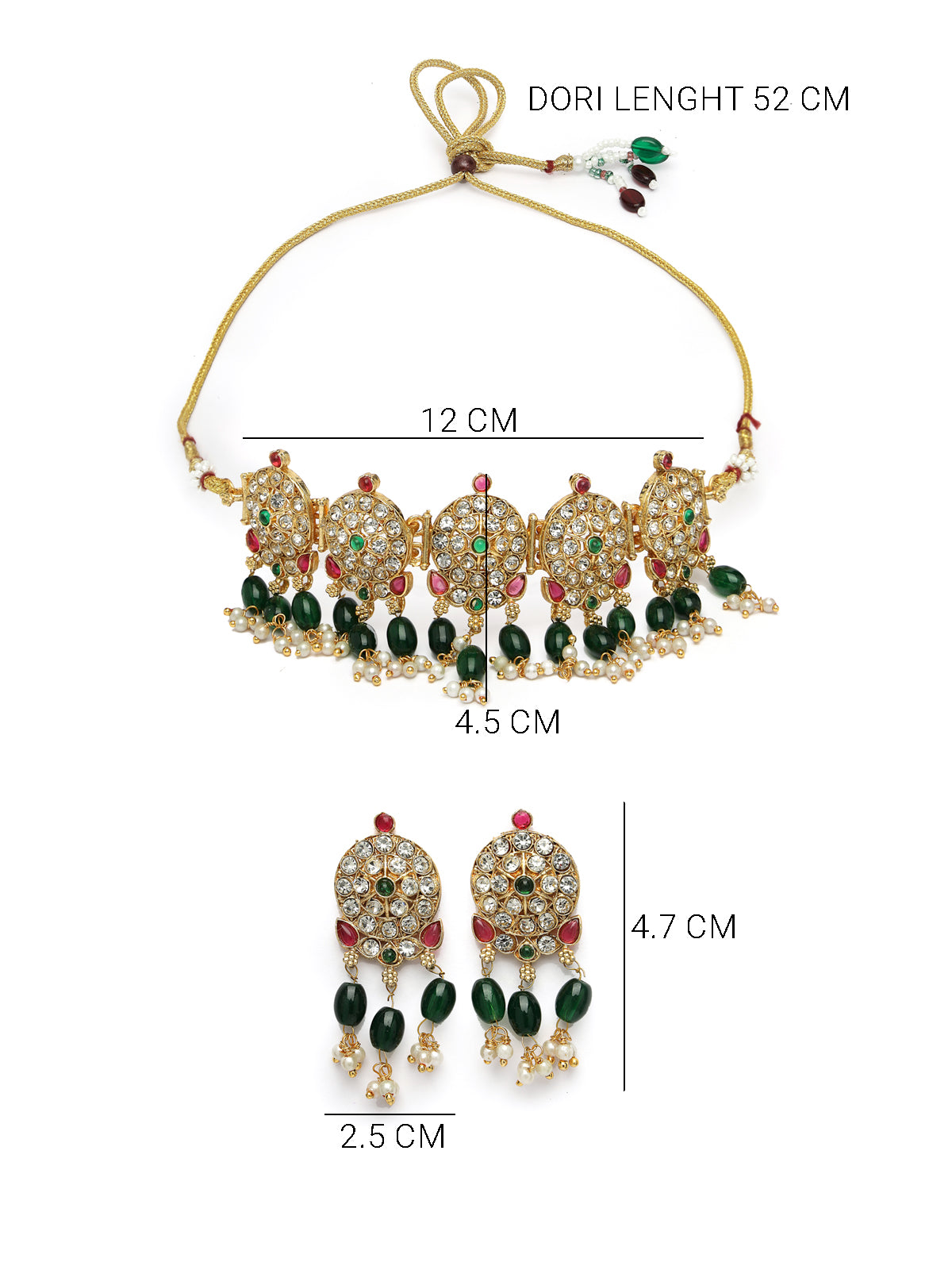 Sukkhi Graceful Gold Plated AD Stones Studded Green Round Choker Necklace Set With Dangler Earring Jewellery Set For Women & Girls|Set of 1|NS106116