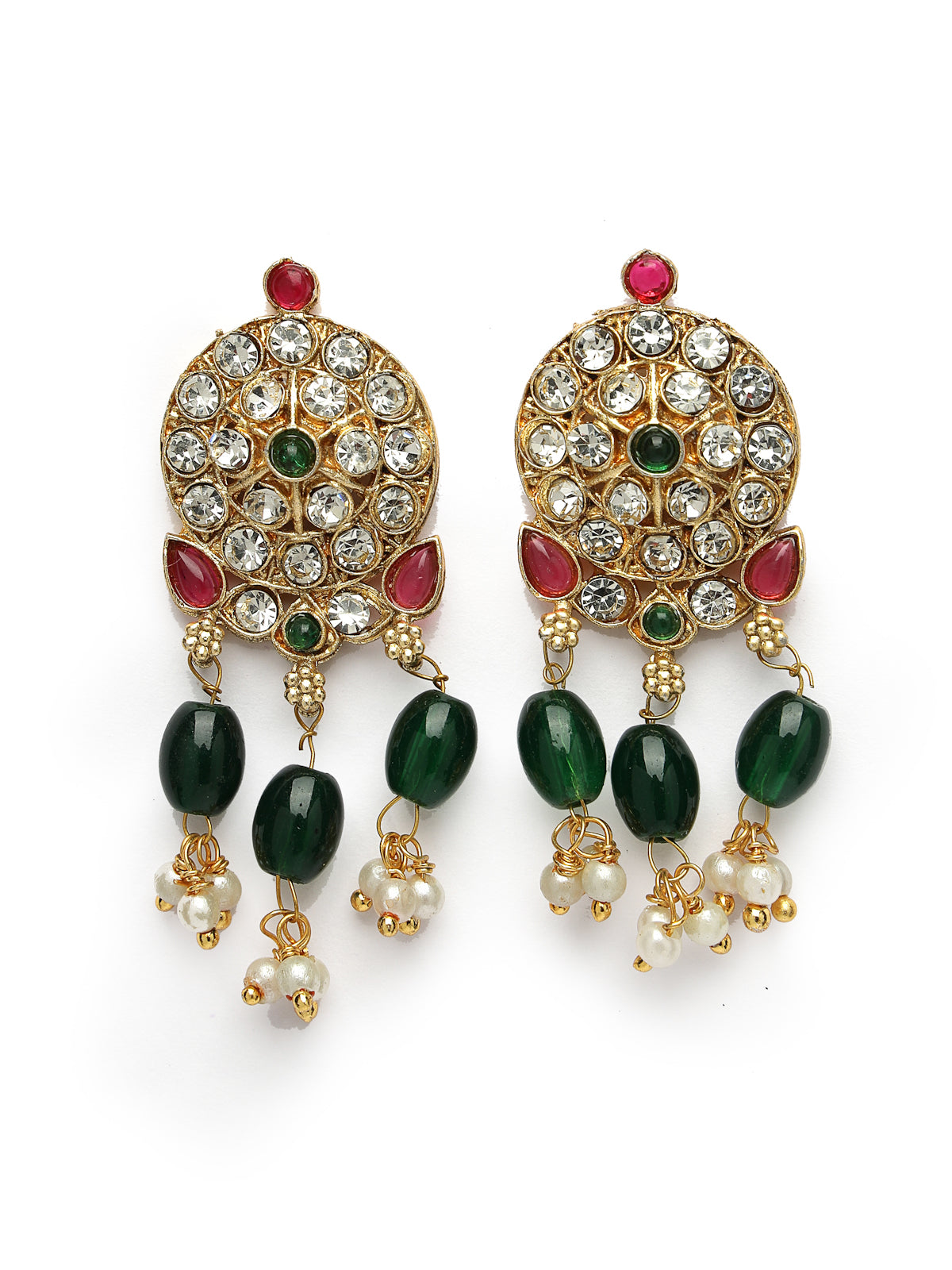 Sukkhi Graceful Gold Plated AD Stones Studded Green Round Choker Necklace Set With Dangler Earring Jewellery Set For Women & Girls|Set of 1|NS106116