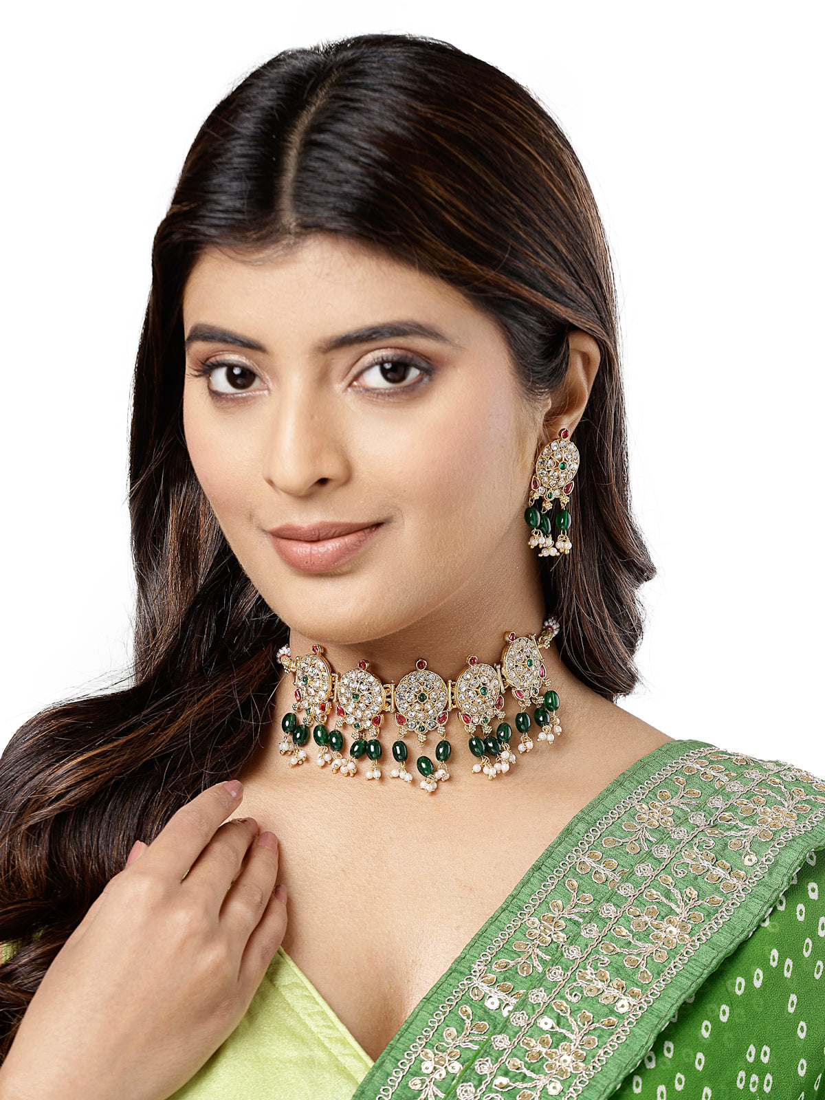 Sukkhi Graceful Gold Plated AD Stones Studded Green Round Choker Necklace Set With Dangler Earring Jewellery Set For Women & Girls|Set of 1|NS106116