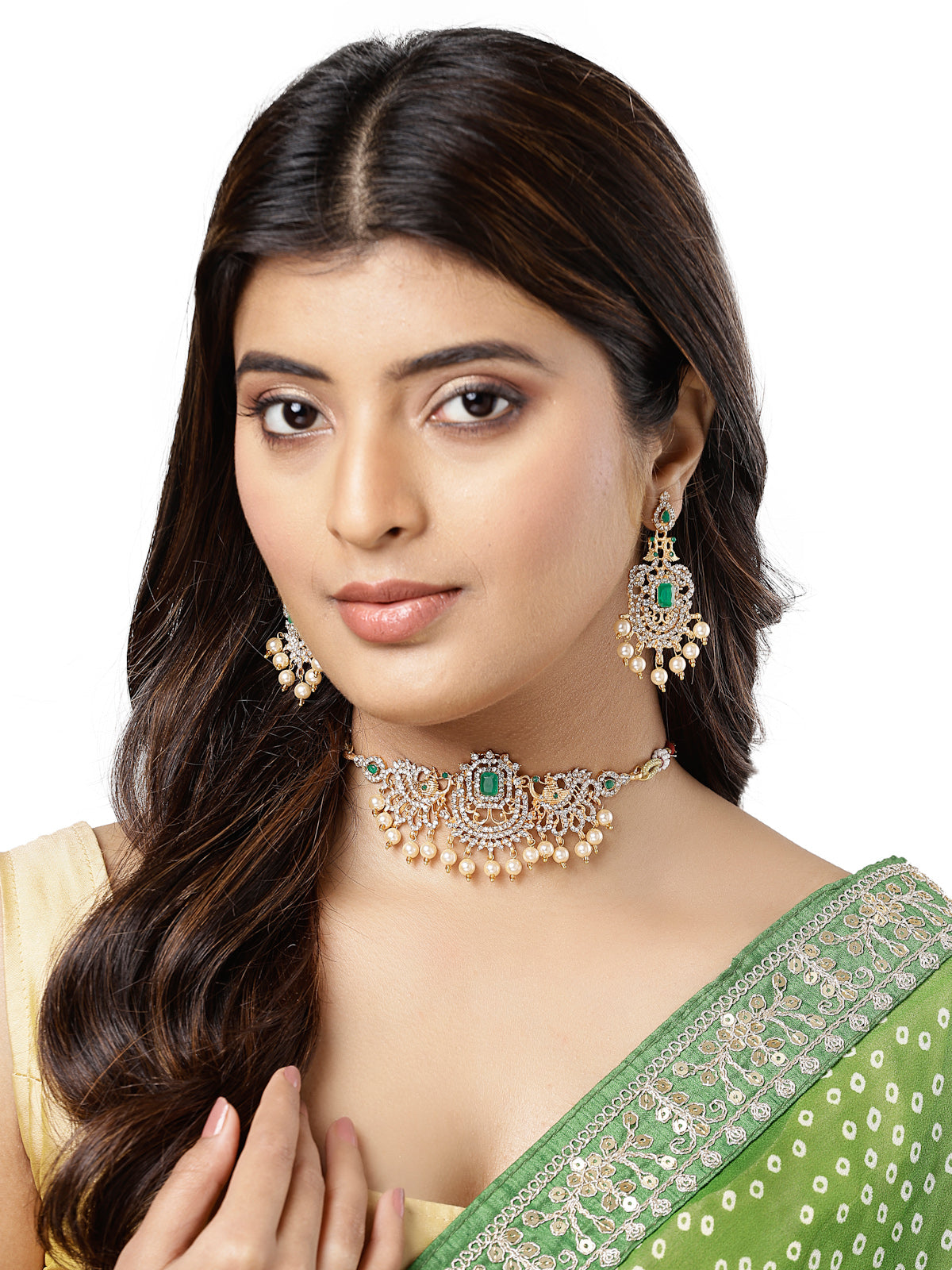 Sukkhi Sparkling Gold Plated White AD Stones Studded Green Choker Necklace Set With Dangler Earring Jewellery Set For Women & Girls|Set of 1|NS106117