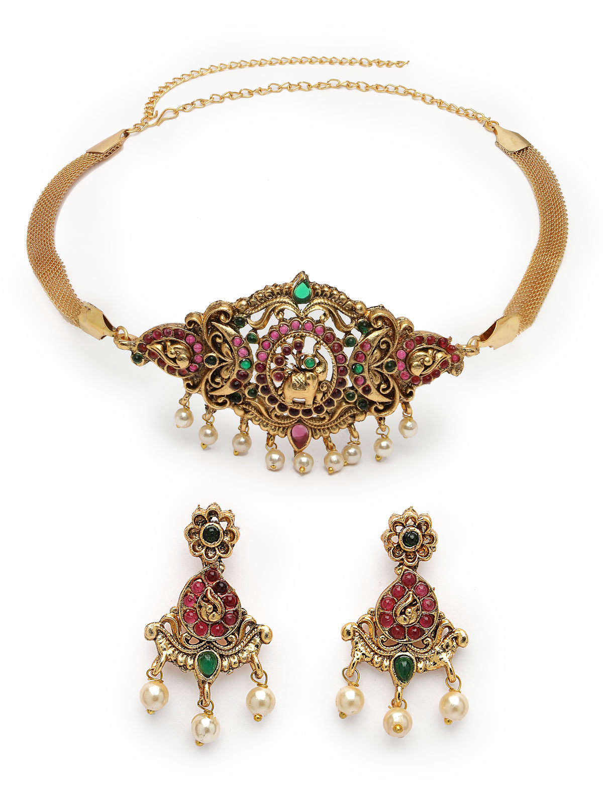 Sukkhi Trendy Gold Plated Red Green AD Stones Studded Elephant Choker Necklace Set With Dangler Earring Jewellery Set For Women & Girls|Set of 1|NS106118