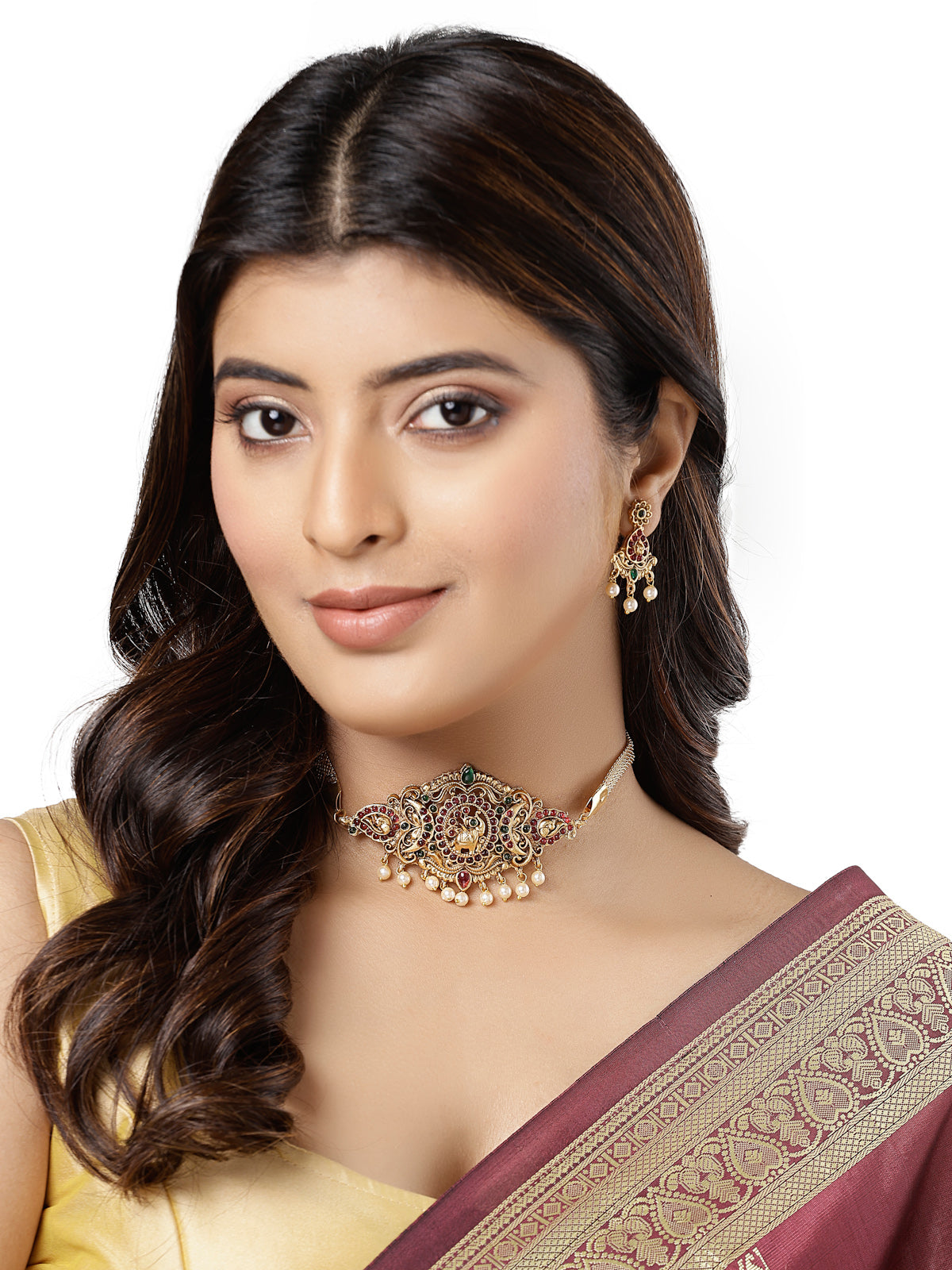 Sukkhi Trendy Gold Plated Red Green AD Stones Studded Elephant Choker Necklace Set With Dangler Earring Jewellery Set For Women & Girls|Set of 1|NS106118