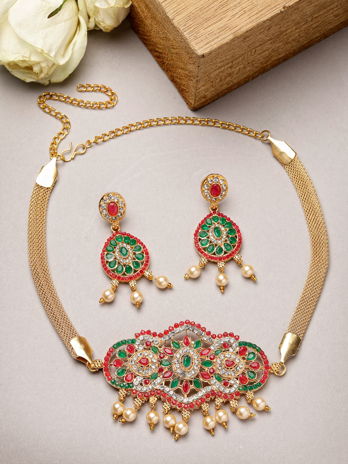 Sukkhi Classical Gold Plated Red Green AD Stones Studded Choker Necklace With Dangler Earring Jewellery Set For Women & Girls|NS106121
