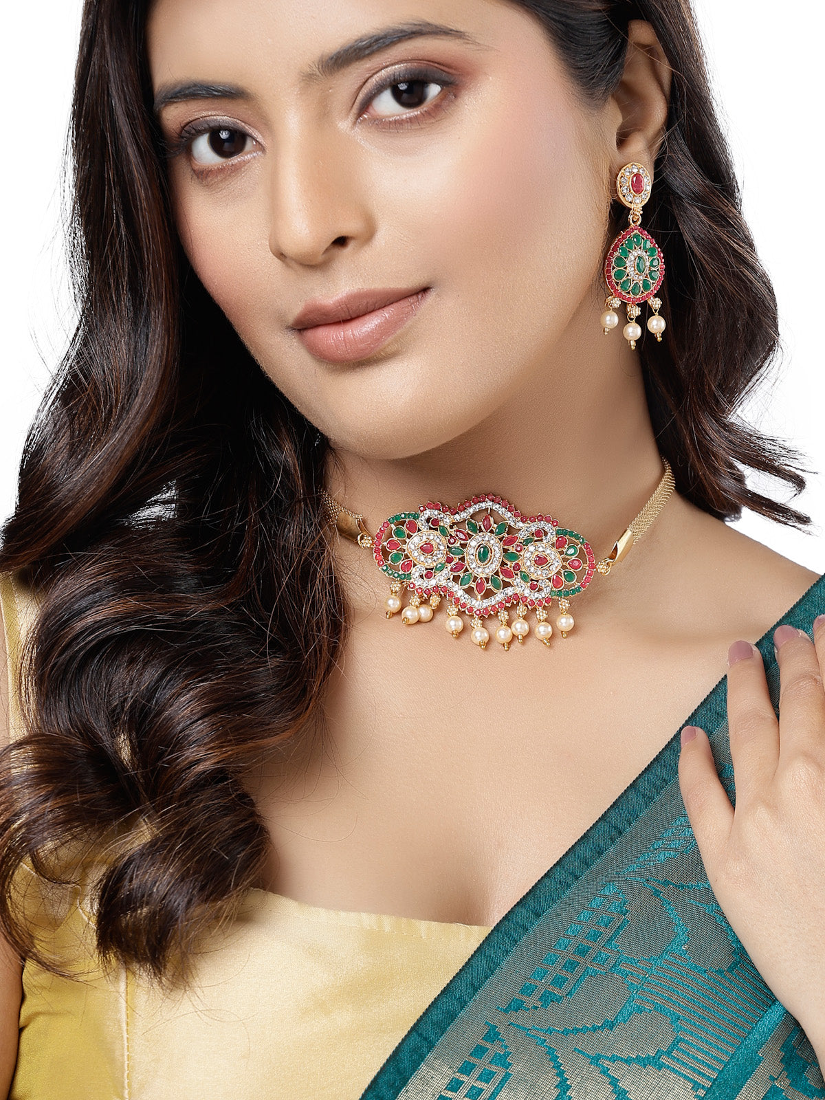 Sukkhi Classical Gold Plated Red Green AD Stones Studded Choker Necklace With Dangler Earring Jewellery Set For Women & Girls|NS106121