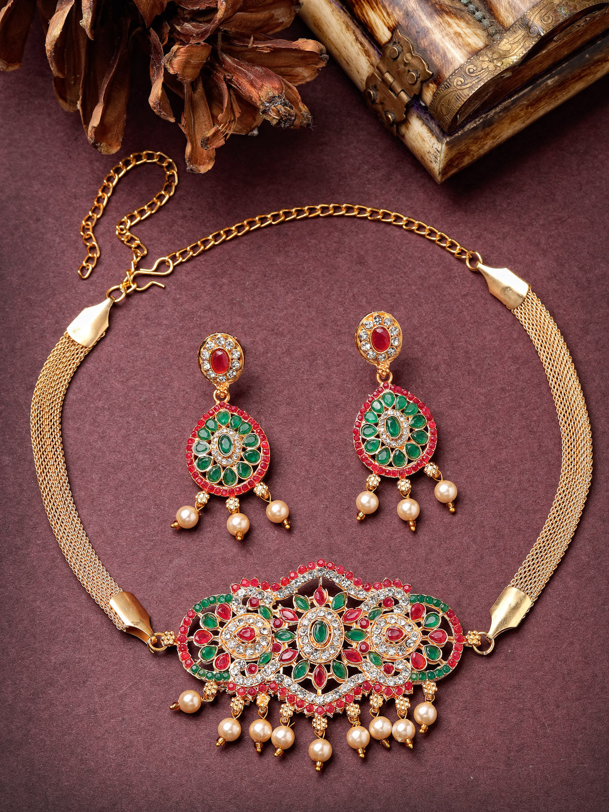 Sukkhi Classical Gold Plated Red Green AD Stones Studded Choker Necklace With Dangler Earring Jewellery Set For Women & Girls|NS106121