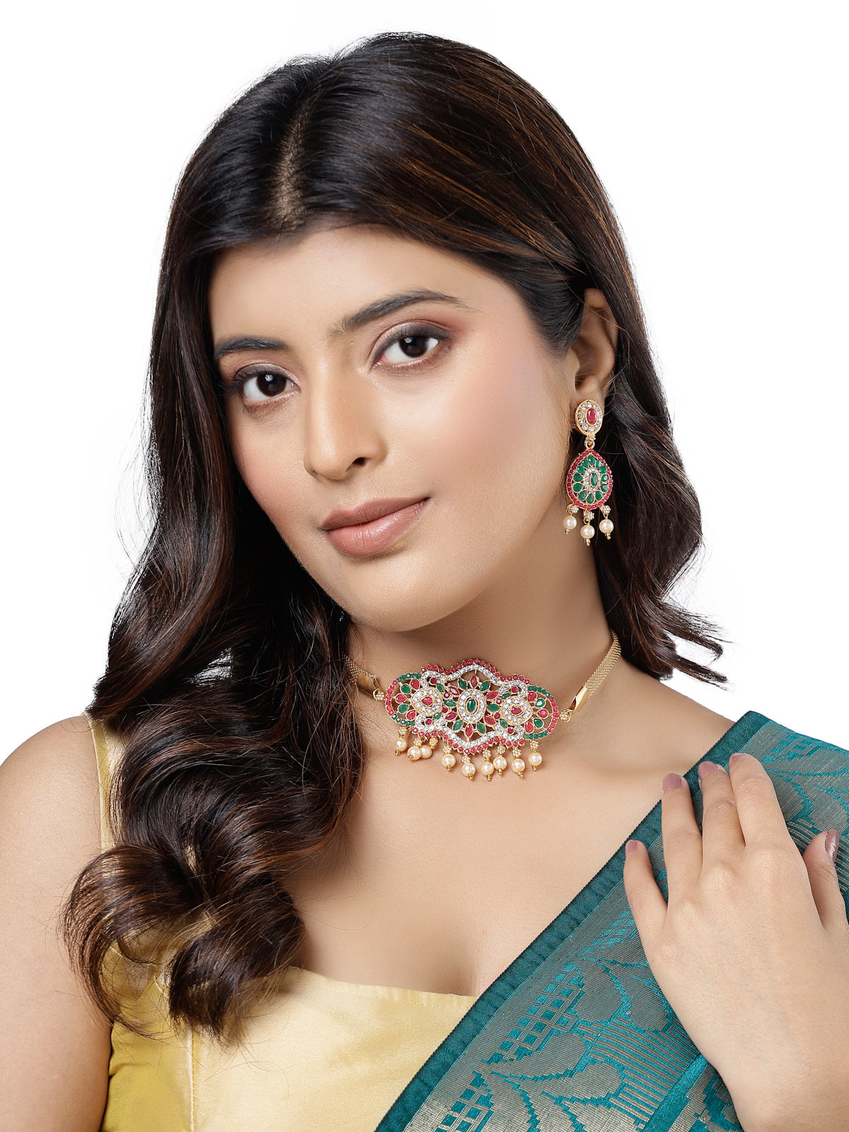 Sukkhi Classical Gold Plated Red Green AD Stones Studded Choker Necklace With Dangler Earring Jewellery Set For Women & Girls|NS106121