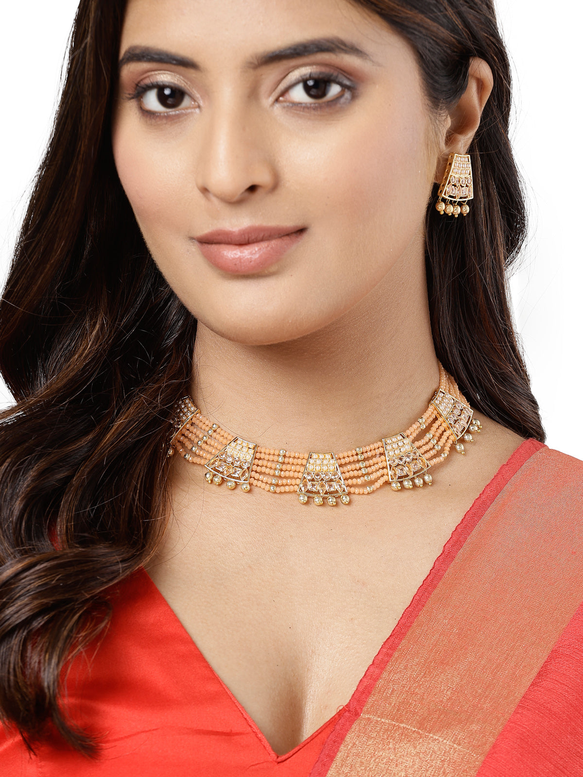 Sukkhi Decorative Gold Plated Peachcolor Pearls Multistrand Choker Necklace Set & Studs Earrings For Women & Girls|Set of 1|NS106123