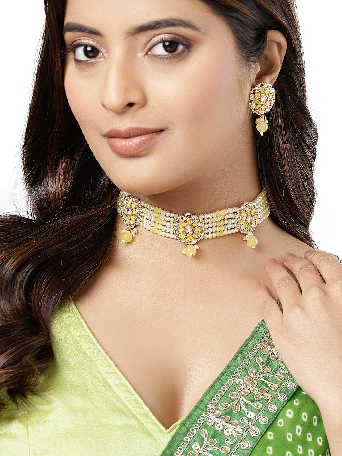 Sukkhi Fashionable Gold Plated Pearls With AD Stones Studded Yellow Multistrand Choker Necklace Set & Studs Earrings For Women & Girls|Set of 1|NS106124