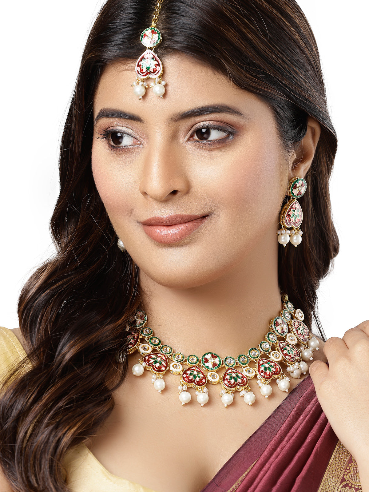 Sukkhi Stylish Gold Plated Pearls With Multicolor Meenakari Work Choker Necklace Set with Dangler Earrings & Maangtikka Jewellery Set For Women & Girls|Set of 1|NS106126