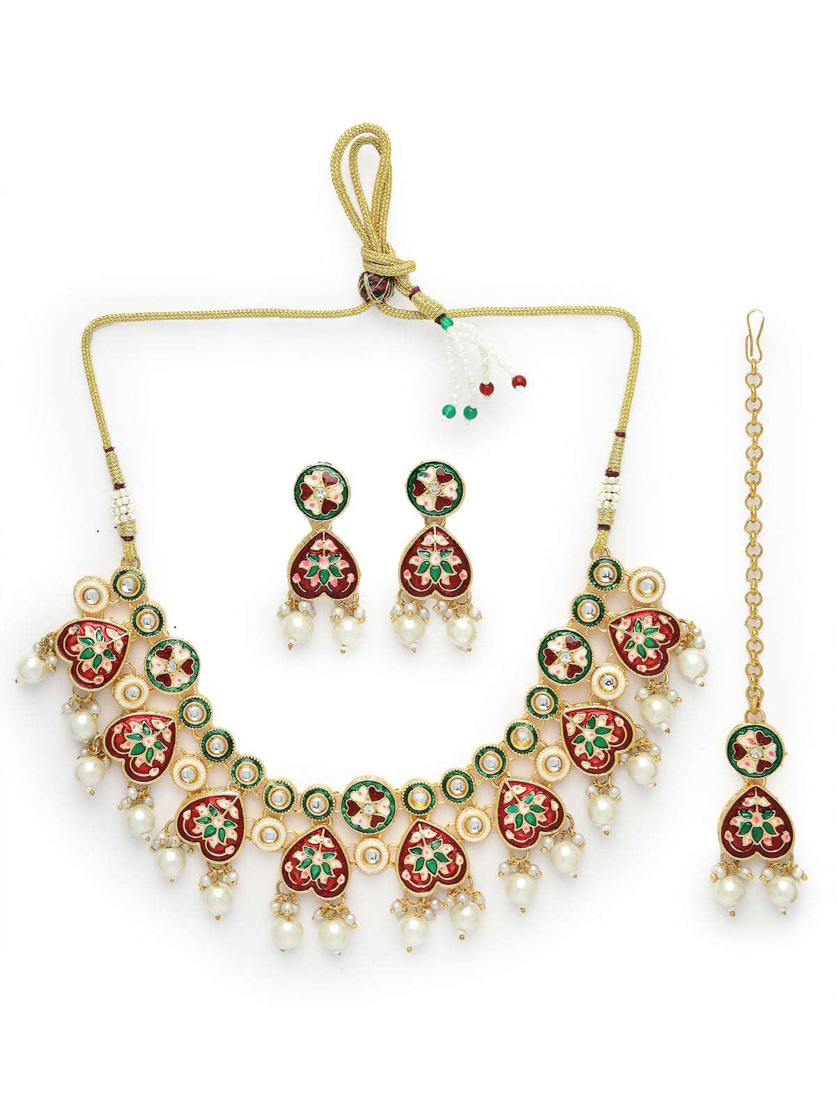 Sukkhi Stylish Gold Plated Pearls With Multicolor Meenakari Work Choker Necklace Set with Dangler Earrings & Maangtikka Jewellery Set For Women & Girls|Set of 1|NS106126