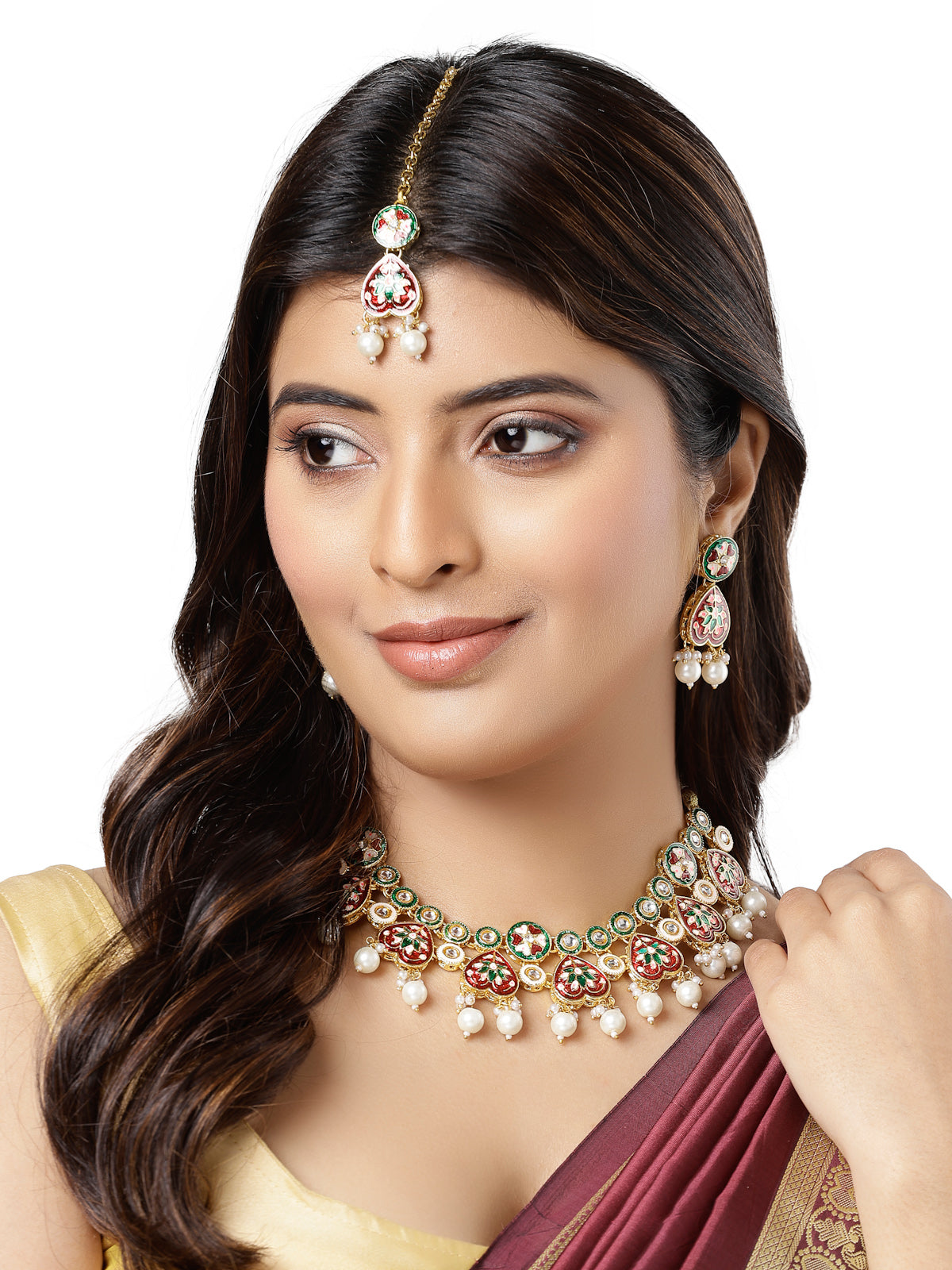 Sukkhi Stylish Gold Plated Pearls With Multicolor Meenakari Work Choker Necklace Set with Dangler Earrings & Maangtikka Jewellery Set For Women & Girls|Set of 1|NS106126