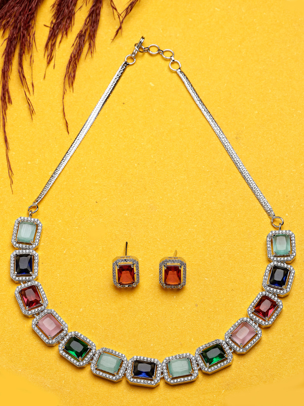 Sukkhi Most Beautiful Rhodium Plated Quadrate Shaped with Cubic Zirconia Stone Studded Silver Multicolor Choker Necklace Set with Studs Earrings For Women & Girls |Set of 1|NS106824